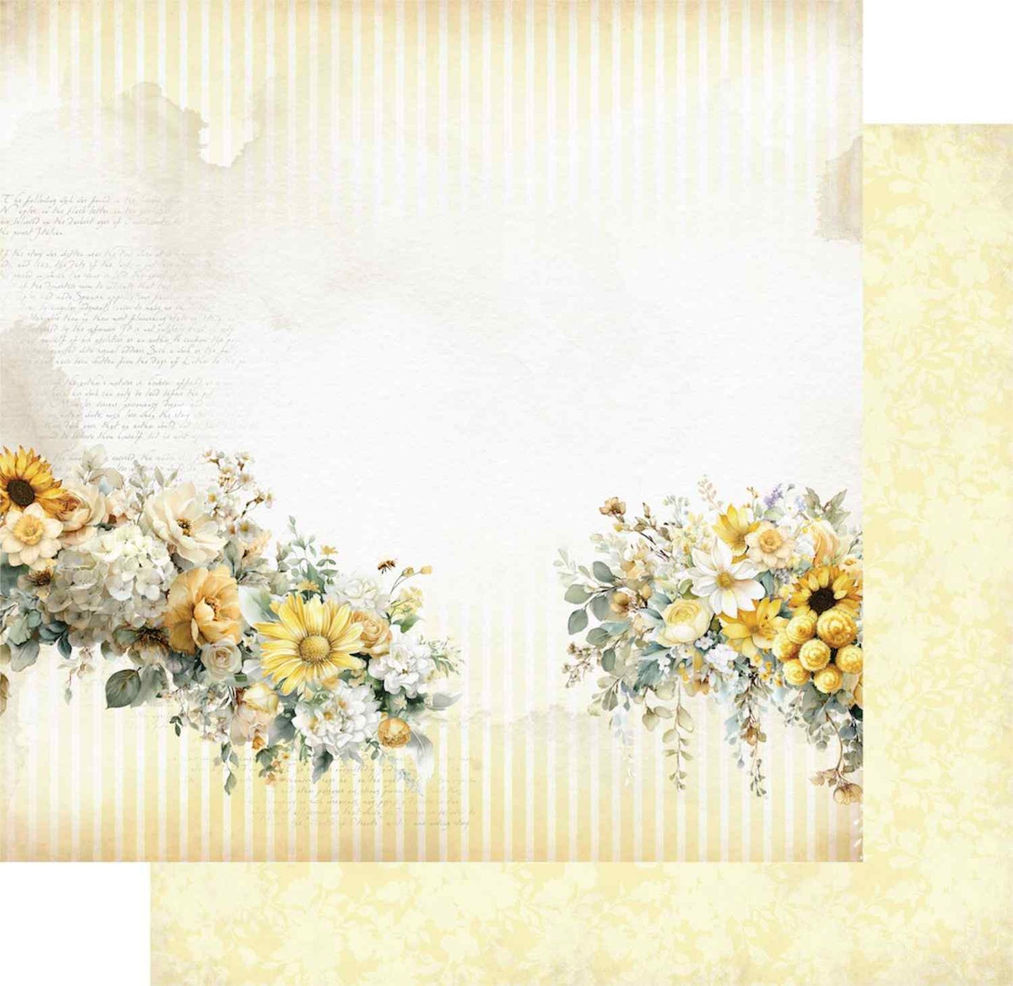  Uniquely Creative Sweet As Honey Nice Things 12x12 paper stack showing front and reverse sides, featuring sunflower and mixed floral border clusters on a striped and script background with plain cream parchment reverse