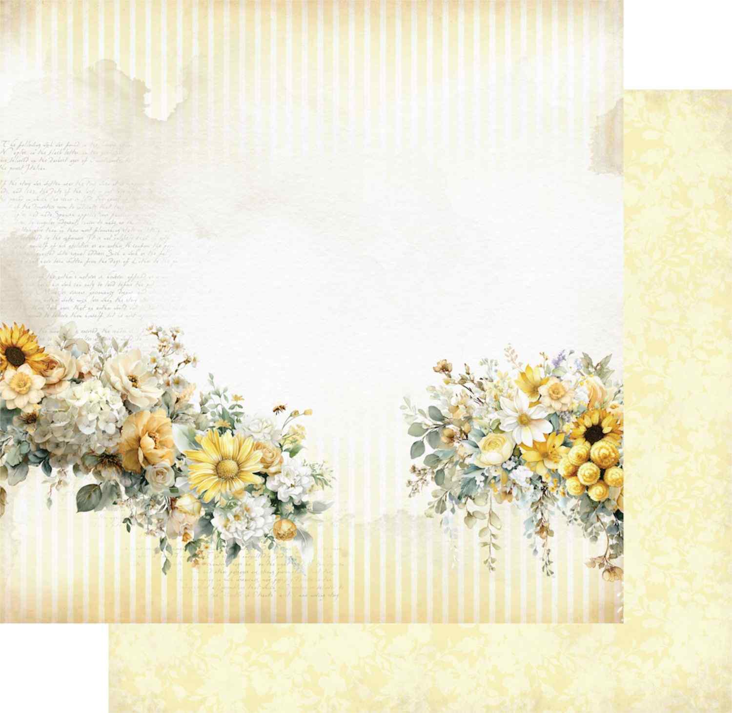  Uniquely Creative Sweet As Honey Nice Things 12x12 paper stack showing front and reverse sides, featuring sunflower and mixed floral border clusters on a striped and script background with plain cream parchment reverse