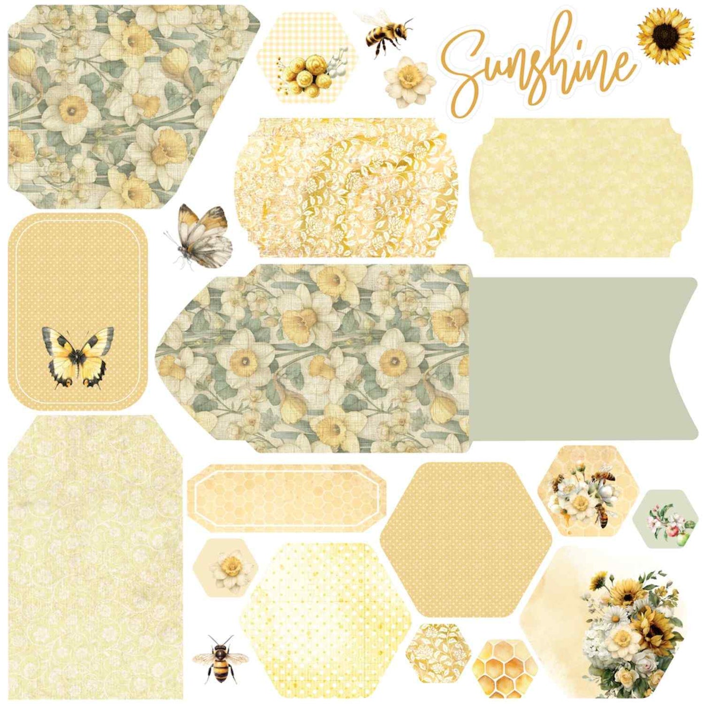 Uniquely Creative Sweet As Honey Picked Flowers 12x12 paper front side, cut-apart sheet on white background featuring daffodil and narcissus floral tags, butterfly embellishments, honeycomb hexagons, bee and sunflower accents, pillow box, labels, and a gold foil Sunshine title