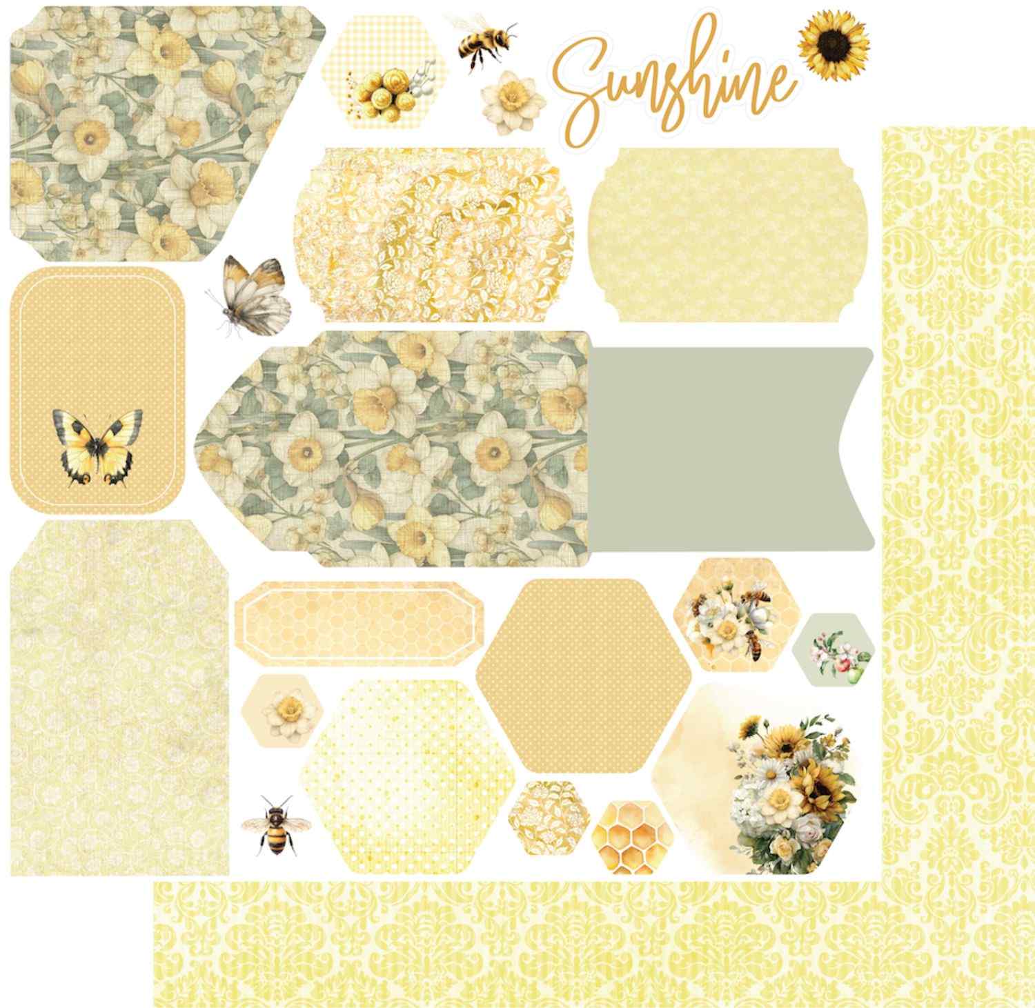 Uniquely Creative Sweet As Honey Picked Flowers 12x12 paper stack showing front and reverse sides, featuring a cut-apart sheet of die-cut shapes, tags, hexagons, and ephemera elements on white, with a soft yellow tonal damask reverse