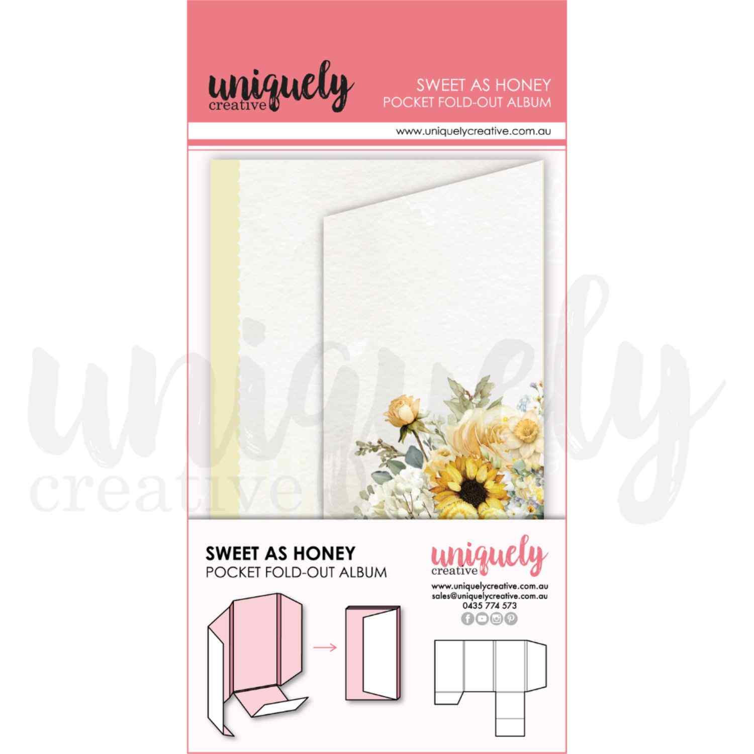 Uniquely Creative Sweet As Honey Pocket Fold-Out Album packaging showing the album cover with sunflower and yellow rose floral cluster on cream, with fold-out and flat layout diagrams illustrating the album structure
