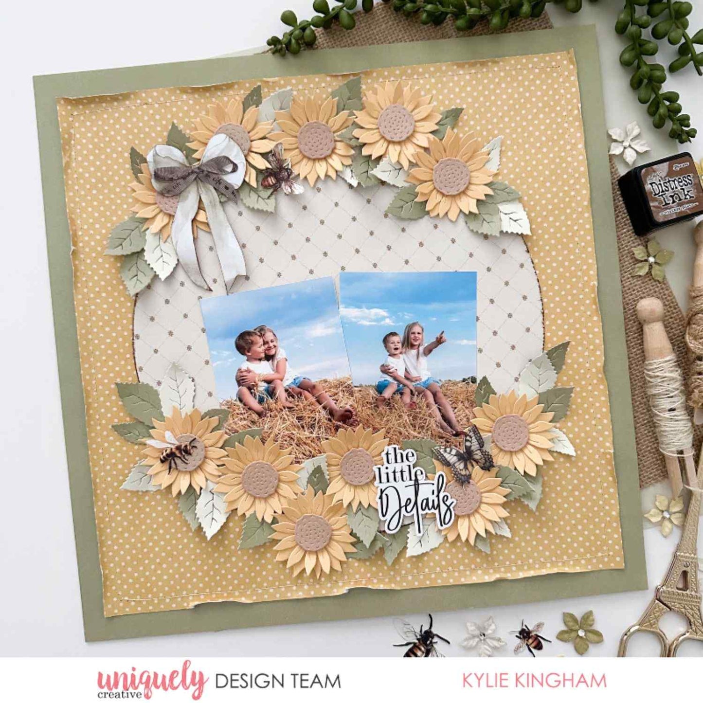 Uniquely Creative Sweet As Honey scrapbook layout with "The Little Details" sentiment, circular sunflower wreath border, two photos of children on a hay bale, and bee embellishments on dotted patterned paper, created by Kylie Kingham