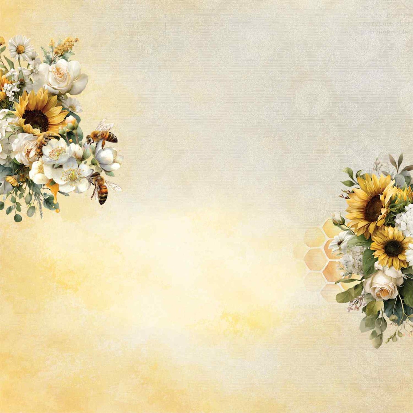 Uniquely Creative Sweet As Honey Sunday Garden 12x12 paper front side, warm golden background with sunflower, white rose, and bee floral clusters in opposite corners