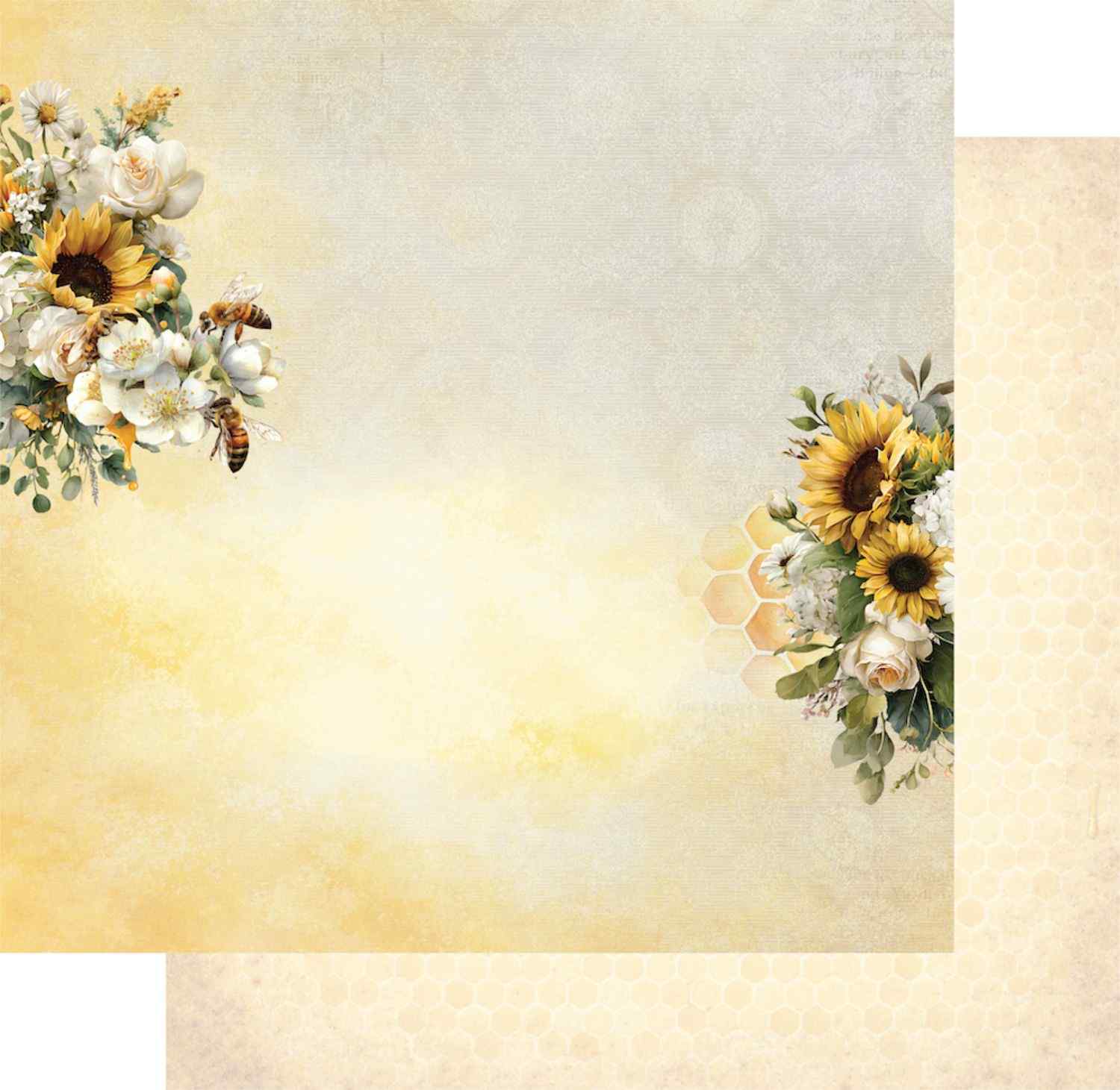 Uniquely Creative Sweet As Honey Sunday Garden 12x12 paper stack showing front and reverse sides, featuring sunflower and bee floral corner clusters on a warm golden linen-textured background