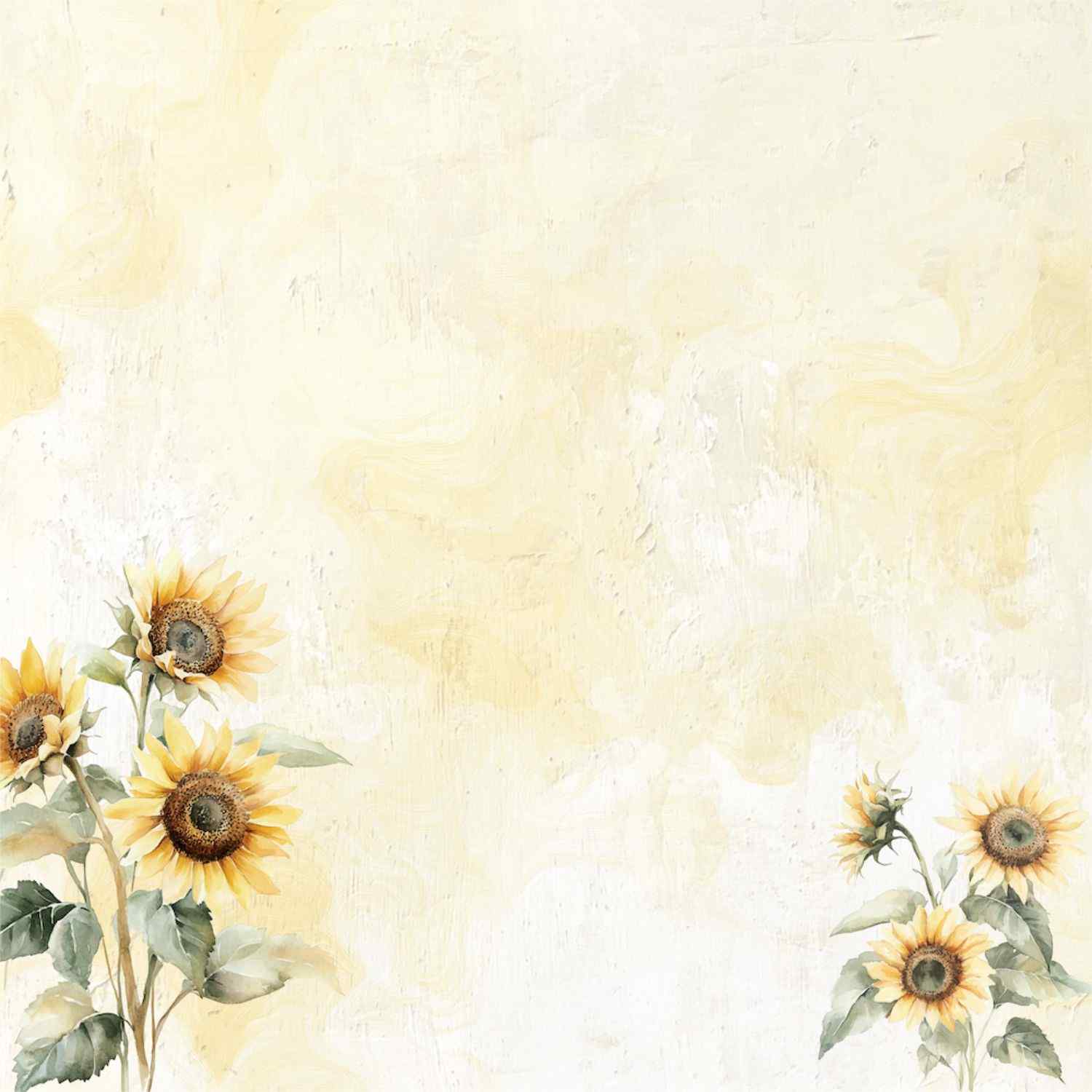 Uniquely Creative Sweet As Honey Sunny Days 12x12 paper front side, soft cream and pale gold distressed plaster texture background with watercolour sunflower clusters in the lower left and lower right corners