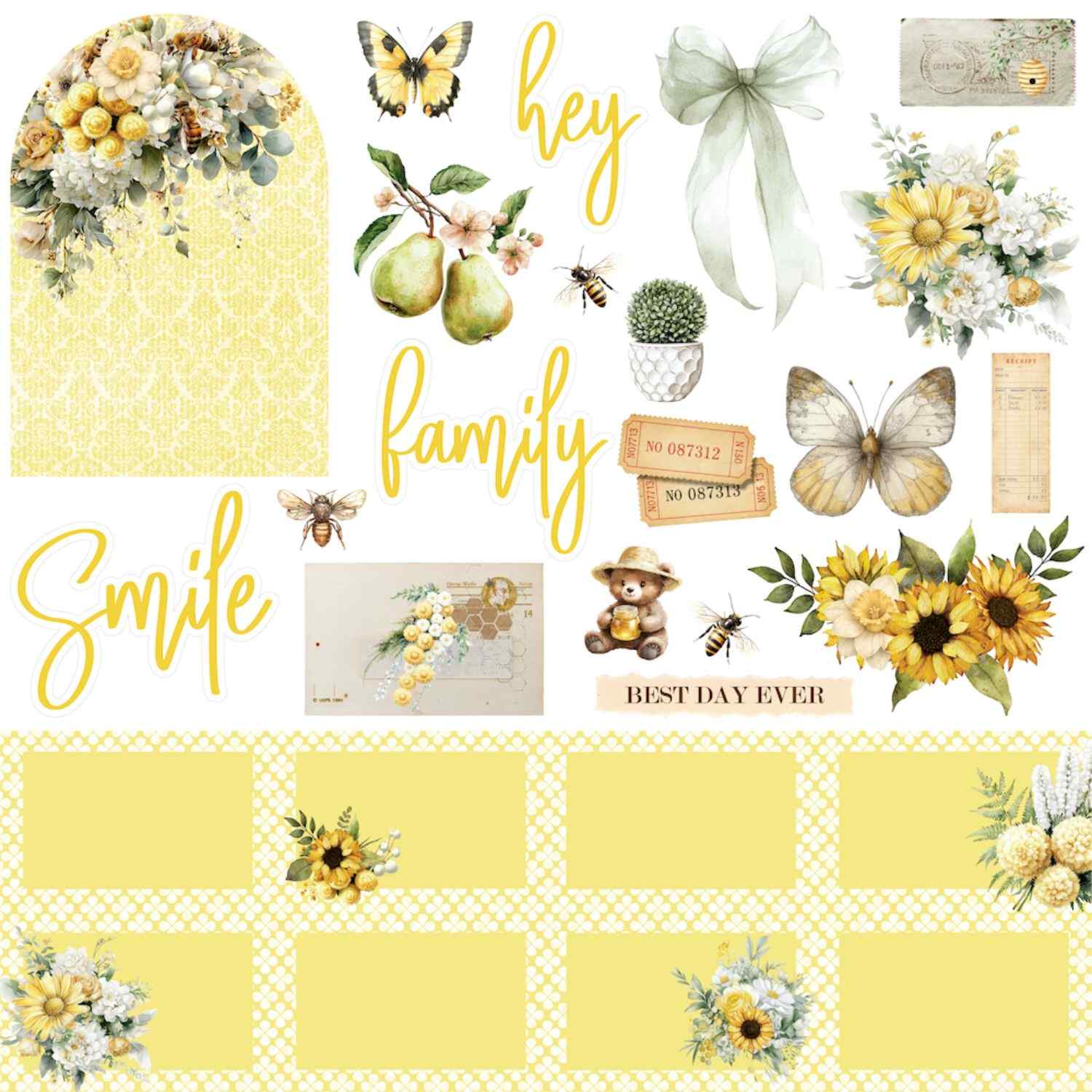 Uniquely Creative Sweet As Honey The Sweet Life 12x12 paper front side, cut-apart sheet on white background featuring gold foil Smile, hey, and family script titles, watercolour sunflower and rose bouquets, butterflies, bee, pear blossom branch, teddy bear, vintage tickets, receipt ephemera, Best Day Ever sentiment, honeycomb postcard, sage bow, and yellow gingham photo mat panels with floral clusters