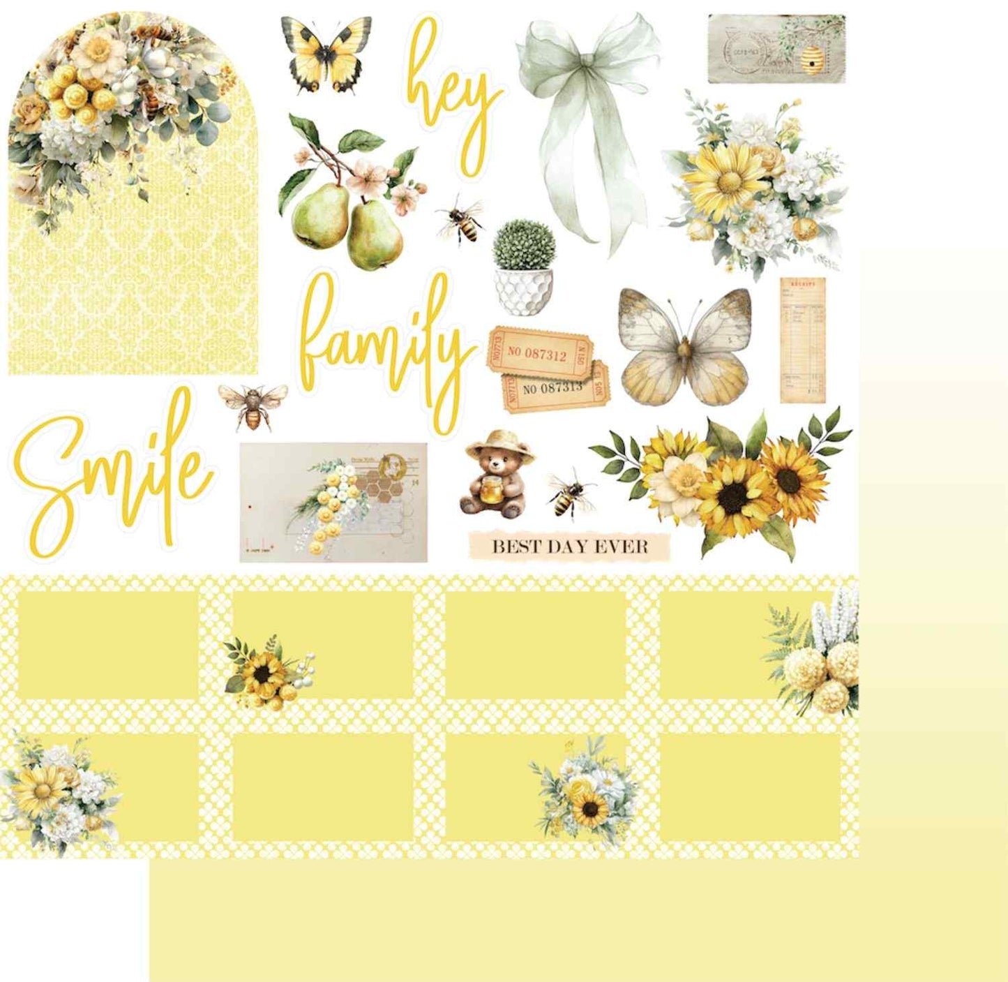 Uniquely Creative Sweet As Honey The Sweet Life 12x12 paper stack showing front and reverse sides, featuring a cut-apart ephemera sheet with gold script titles, florals, butterflies, and gingham photo mats on white, with a soft yellow-to-white gradient ombre reverse