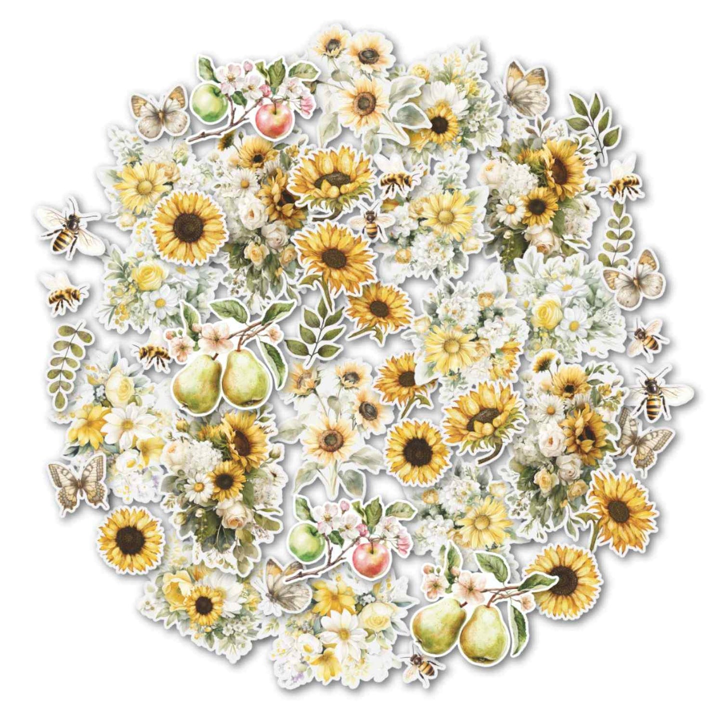 Uniquely Creative Sweet As Honey Vellum Creative Cuts die-cut elements displayed in a circular arrangement on white, including watercolour sunflowers, white daisies, white roses, blossom branches, pears, apples, bees, butterflies, and eucalyptus leaves with white borders on translucent vellum 