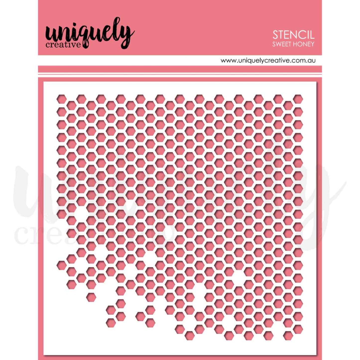 Uniquely Creative Sweet Honey 6x6 inch stencil showing an all-over honeycomb hexagon grid pattern that dissolves into scattered individual hexagons along the bottom edge, creating a dripping honeycomb effect 