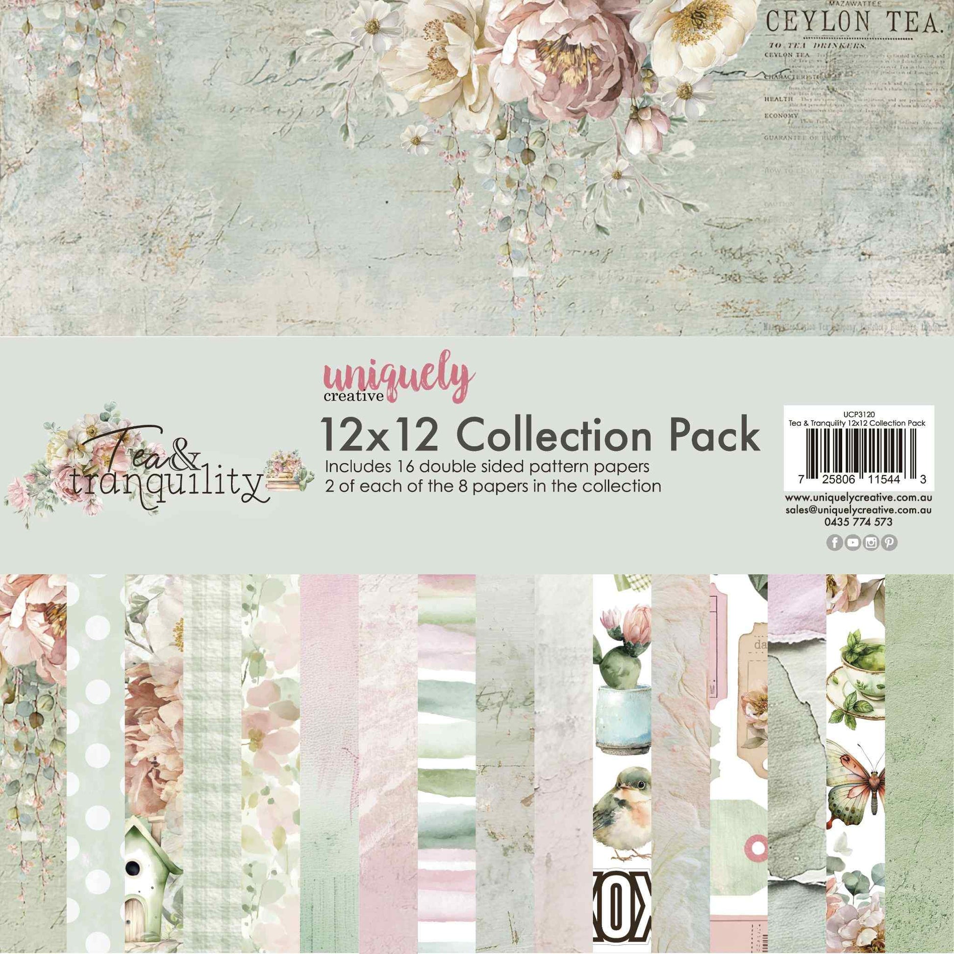Tea and Tranquility 12x12 Collection Pack by Uniquely Creative — pack cover showing all 8 double-sided paper designs in blush, sage, and dusty pink with vintage Ceylon Tea floral front detail