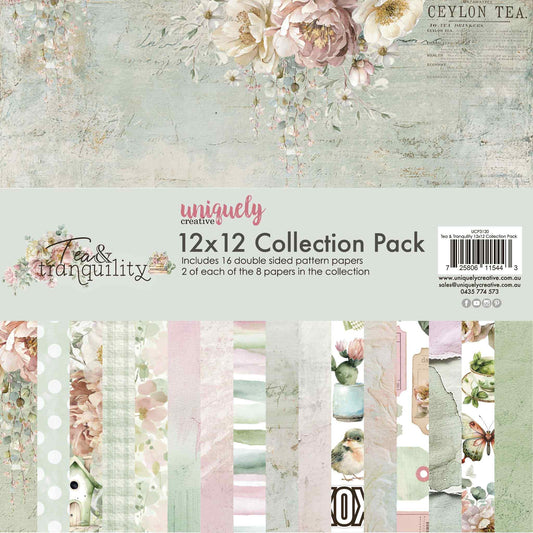 Tea and Tranquility 12x12 Collection Pack by Uniquely Creative — pack cover showing all 8 double-sided paper designs in blush, sage, and dusty pink with vintage Ceylon Tea floral front detail