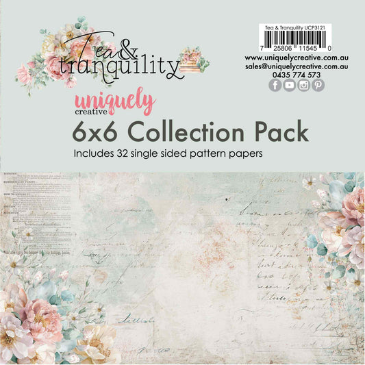 Tea and Tranquility 6x6 Collection Pack by Uniquely Creative — pack cover showing 32 single-sided pattern papers in blush, sage, and dusty pink with vintage floral and script paper designs
