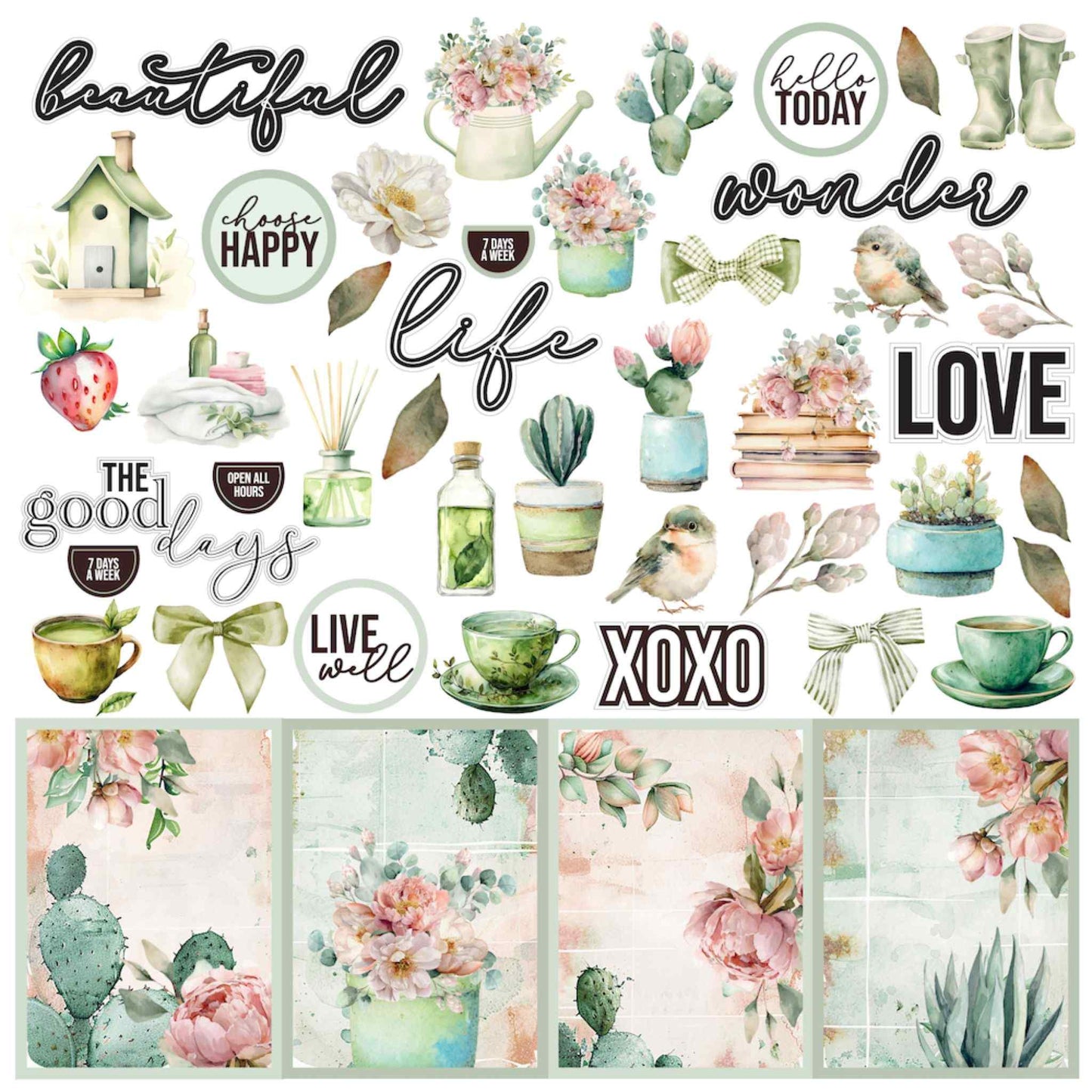 Tea and Tranquility Afternoon Breeze 12x12 double-sided scrapbook paper front by Uniquely Creative — watercolour botanicals, birds, and sentiments in sage and blush