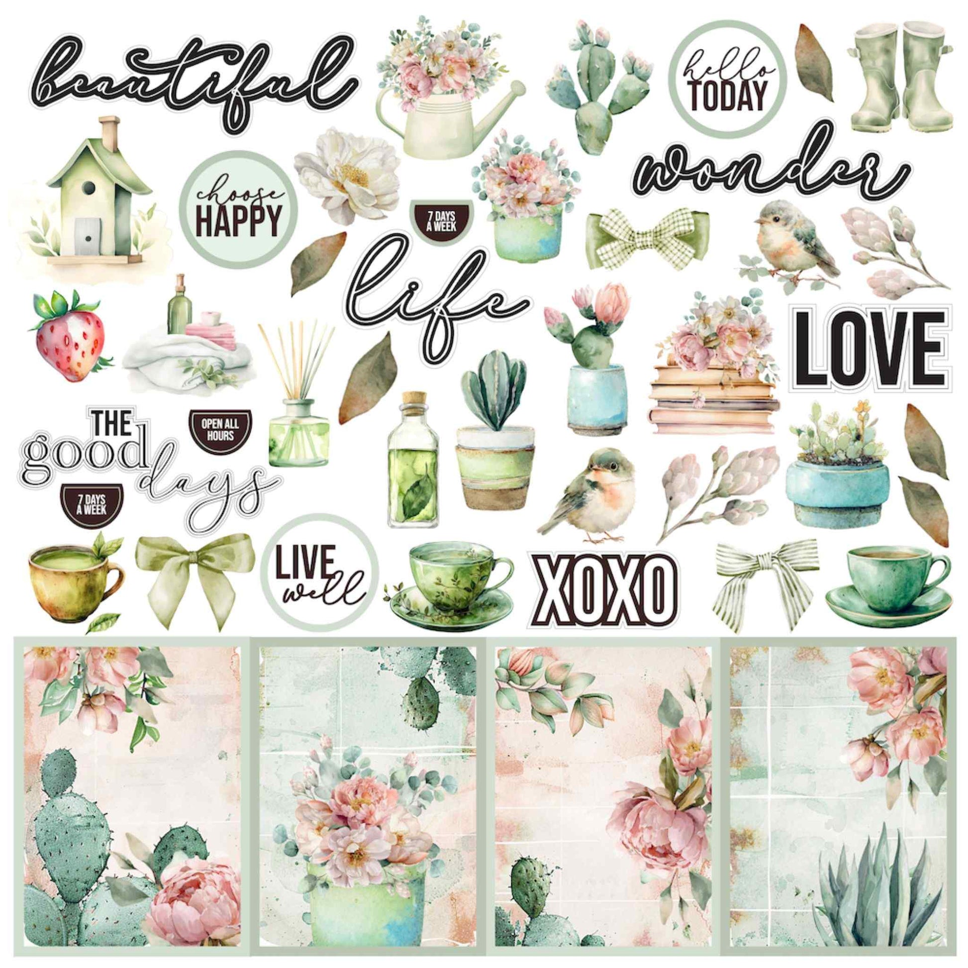 Tea and Tranquility Afternoon Breeze 12x12 double-sided scrapbook paper front by Uniquely Creative — watercolour botanicals, birds, and sentiments in sage and blush