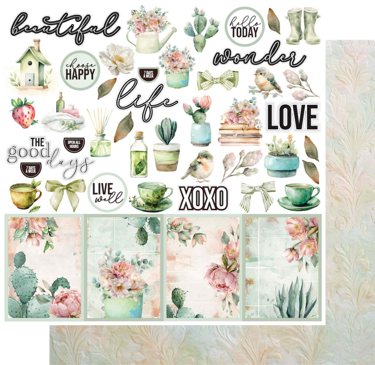 Uniquely Creative Tea and Tranquility Afternoon Breeze paper showing front collage design and embossed floral reverse