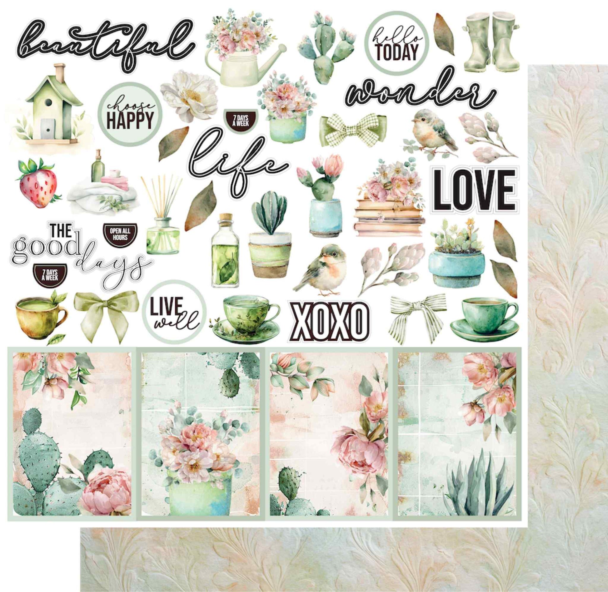 Uniquely Creative Tea and Tranquility Afternoon Breeze paper showing front collage design and embossed floral reverse