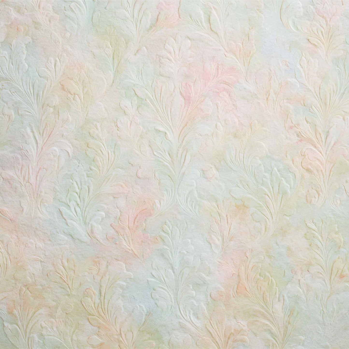 Tea and Tranquility Afternoon Breeze 12x12 paper reverse side — soft embossed floral texture in blush, mint and cream