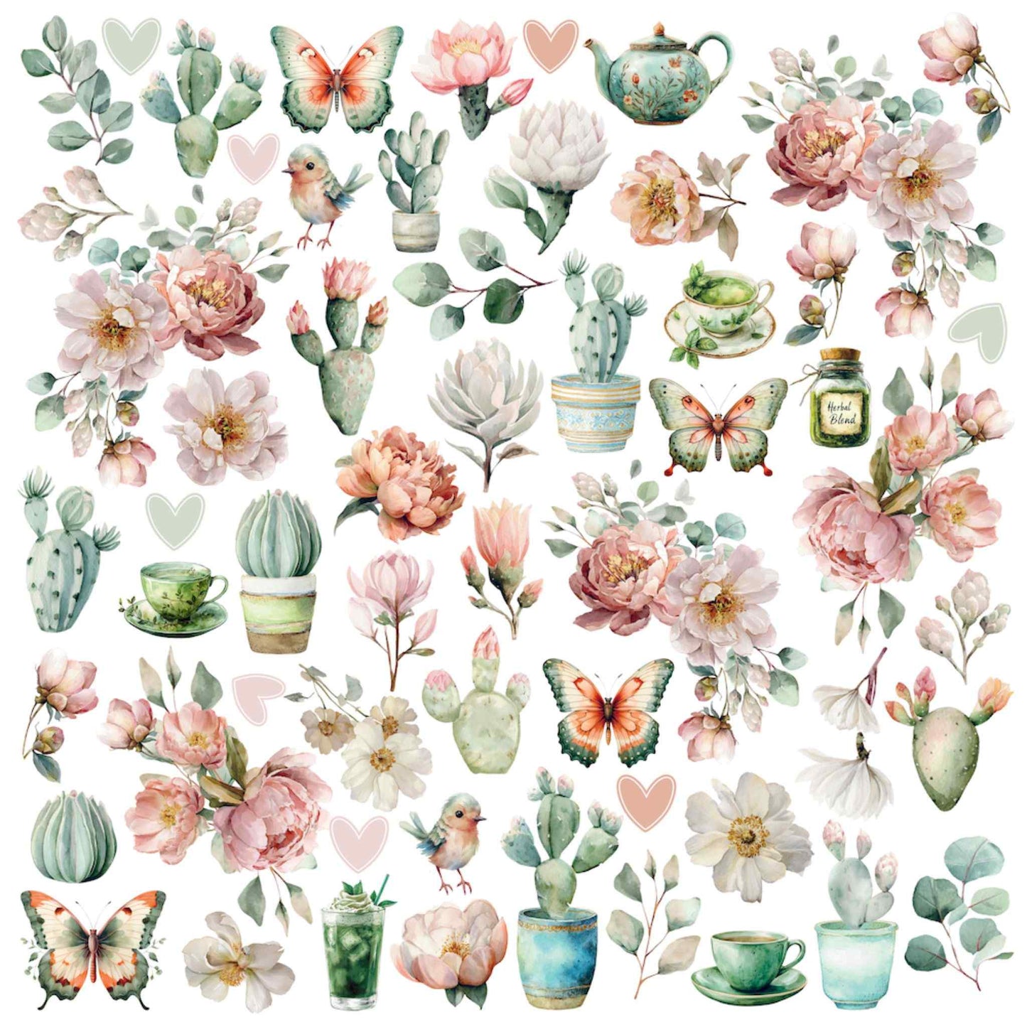 Tea and Tranquility Beautiful Rituals 12x12 paper front by Uniquely Creative — watercolour cut-apart collage with peonies, cacti, butterflies, teapots, teacups, and garden birds in blush and sage