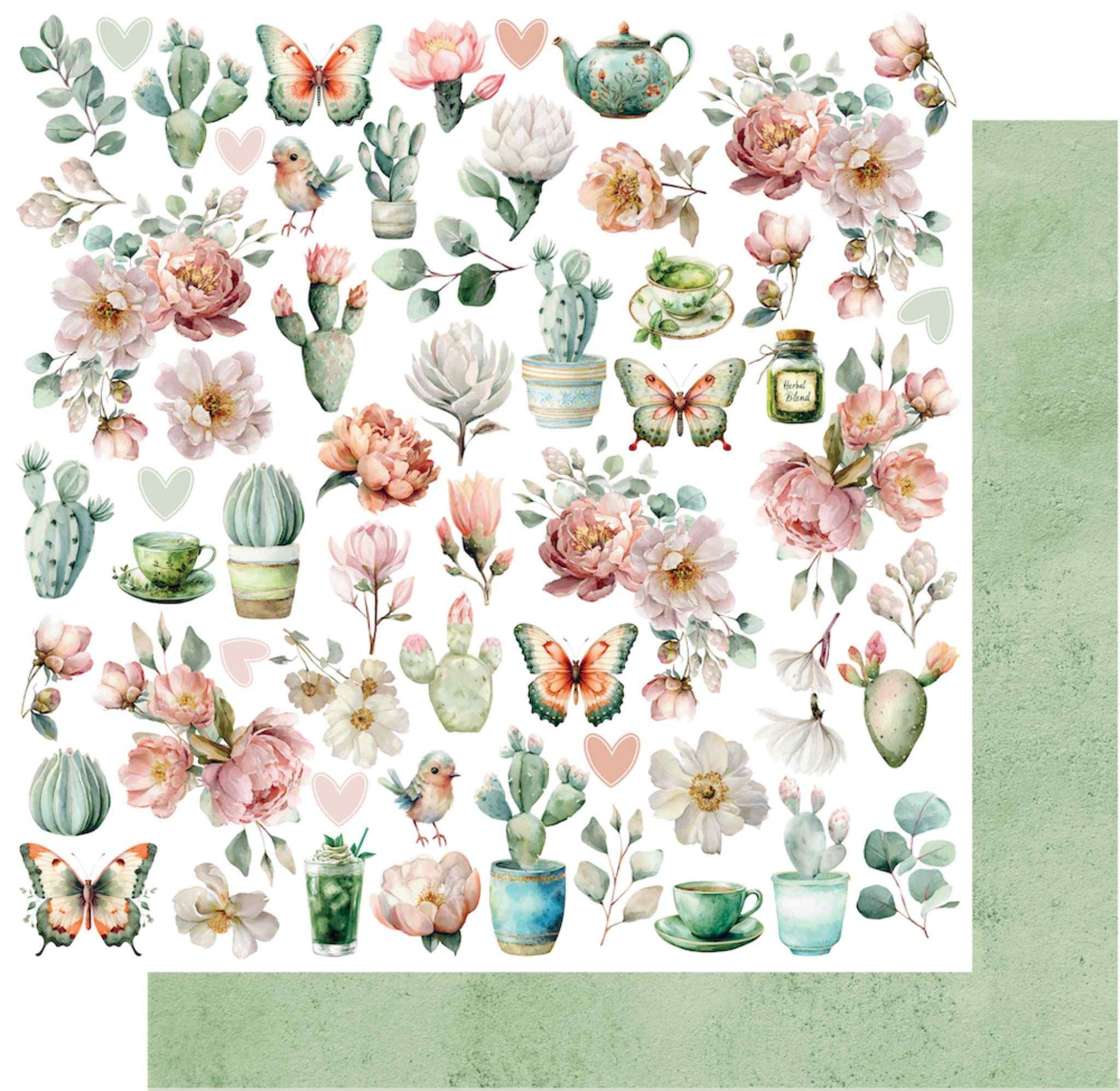 Uniquely Creative Tea and Tranquility Beautiful Rituals 12x12 double-sided paper showing cut-apart collage front and solid sage green reverse