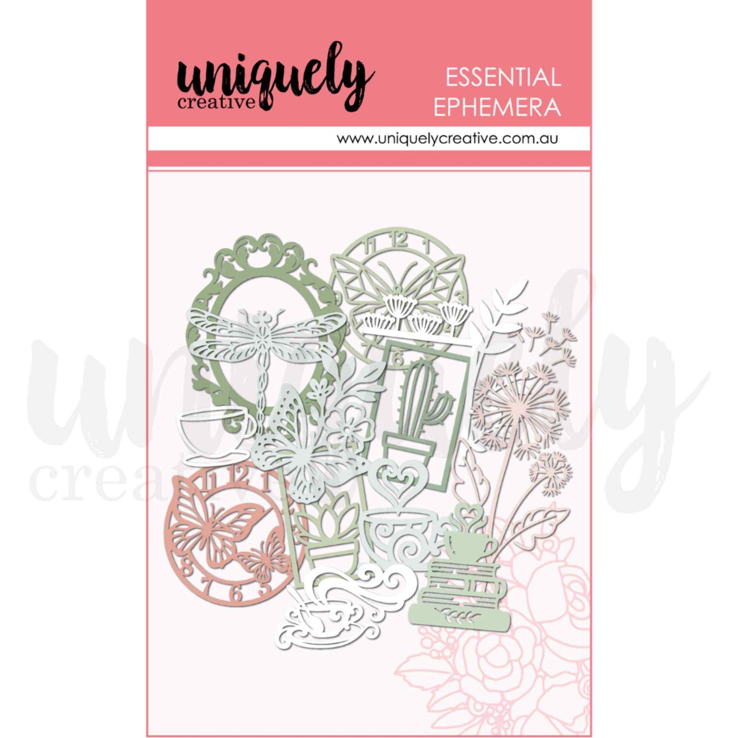 Bloom and Brew Essential Ephemera by Uniquely Creative — pre-cut cardstock shapes including ornate mirror frame, dragonfly, butterfly clock, teacup, cactus frame, dandelions, and botanical sprigs in sage green and blush pink