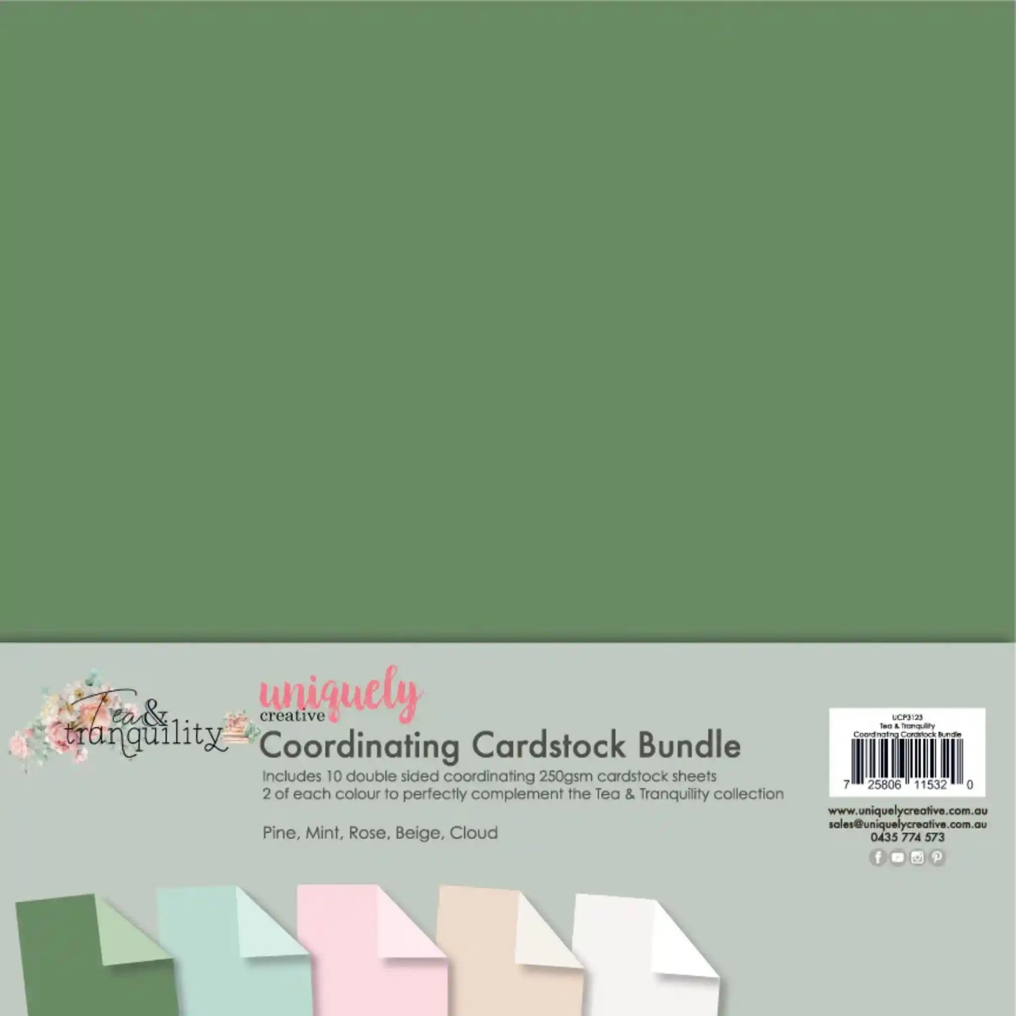 Tea and Tranquility Coordinating Cardstock Bundle by Uniquely Creative — pack showing 10 double-sided 12x12 sheets in Pine, Mint, Rose, Beige, and Cloud, curated to complement the Tea and Tranquility collection