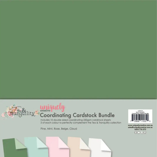 Tea and Tranquility Coordinating Cardstock Bundle by Uniquely Creative — pack showing 10 double-sided 12x12 sheets in Pine, Mint, Rose, Beige, and Cloud, curated to complement the Tea and Tranquility collection