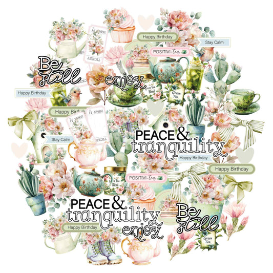 Tea and Tranquility Creative Cuts die-cut embellishments by Uniquely Creative — watercolour teapots, teacups, cacti, blush florals, garden birds, ribbon bows, ticket stubs, and sentiment die-cuts in sage and blush