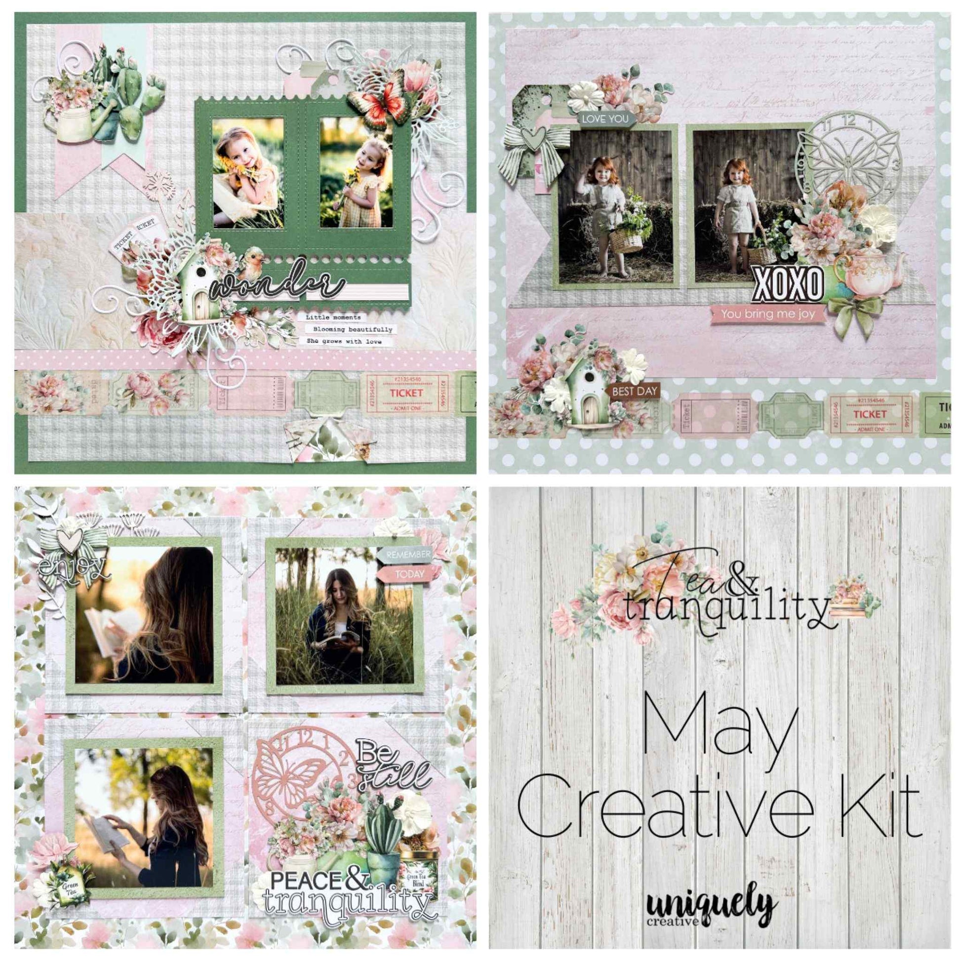 Tea and Tranquility May Creative Kit by Uniquely Creative — sample scrapbook layouts showing Wonder, XOXO, and Be Still pages created using the Tea and Tranquility collection in blush, sage, and dusty pink