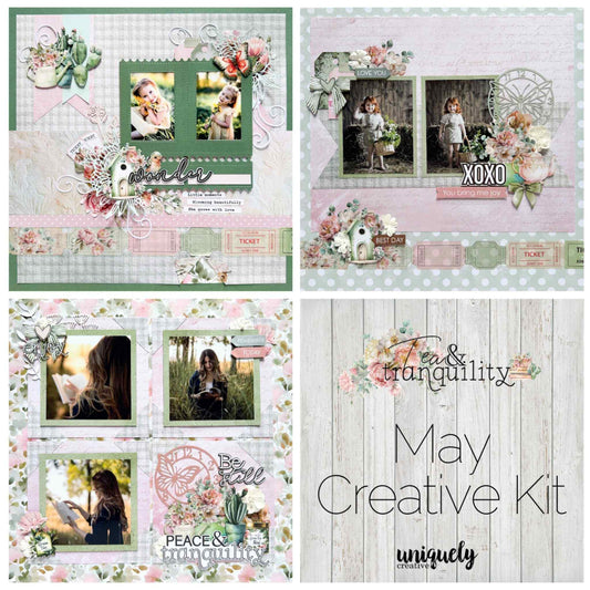 Tea and Tranquility May Creative Kit by Uniquely Creative — sample scrapbook layouts showing Wonder, XOXO, and Be Still pages created using the Tea and Tranquility collection in blush, sage, and dusty pink