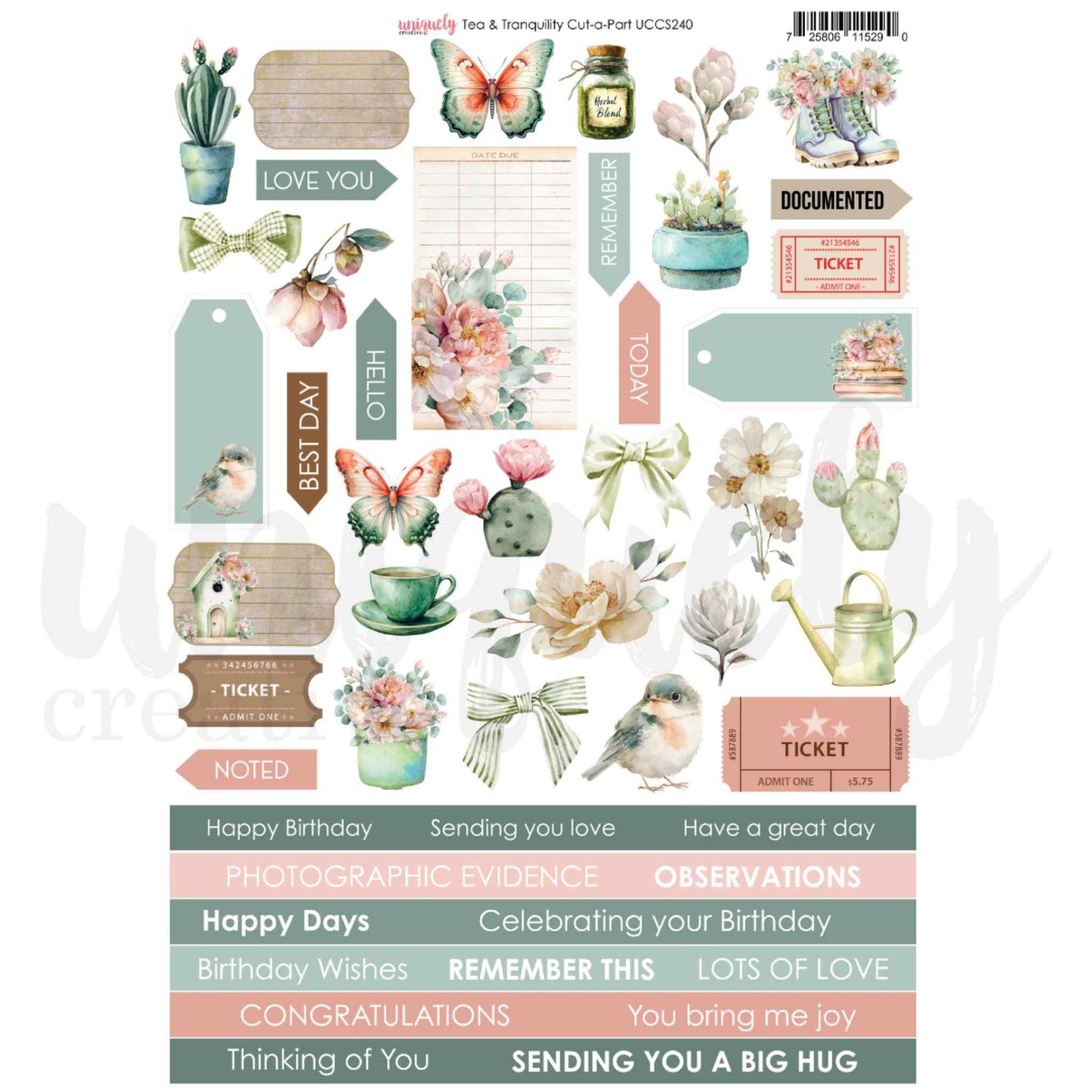 Tea and Tranquility Cut-A-Part sheet by Uniquely Creative — A4 sheet of watercolour illustrations, sage and blush tags, vintage tickets, ribbon bows, sentiment arrows, and birthday and journaling sentiment strips on 200gsm cardstock