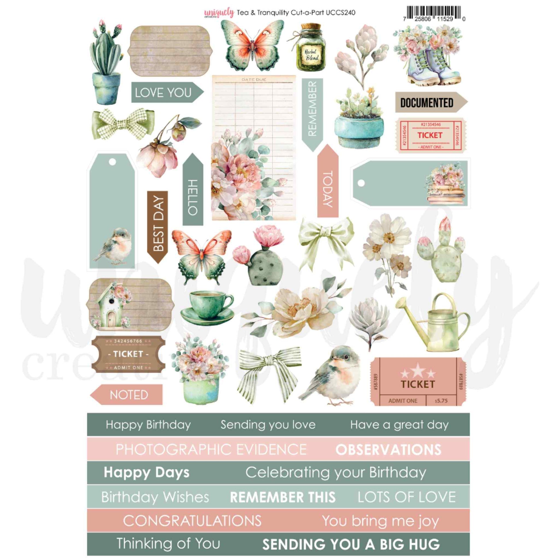 Tea and Tranquility Cut-A-Part sheet by Uniquely Creative — A4 sheet of watercolour illustrations, sage and blush tags, vintage tickets, ribbon bows, sentiment arrows, and birthday and journaling sentiment strips on 200gsm cardstock