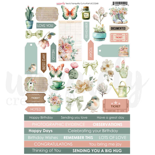 Tea and Tranquility Cut-A-Part sheet by Uniquely Creative — A4 sheet of watercolour illustrations, sage and blush tags, vintage tickets, ribbon bows, sentiment arrows, and birthday and journaling sentiment strips on 200gsm cardstock