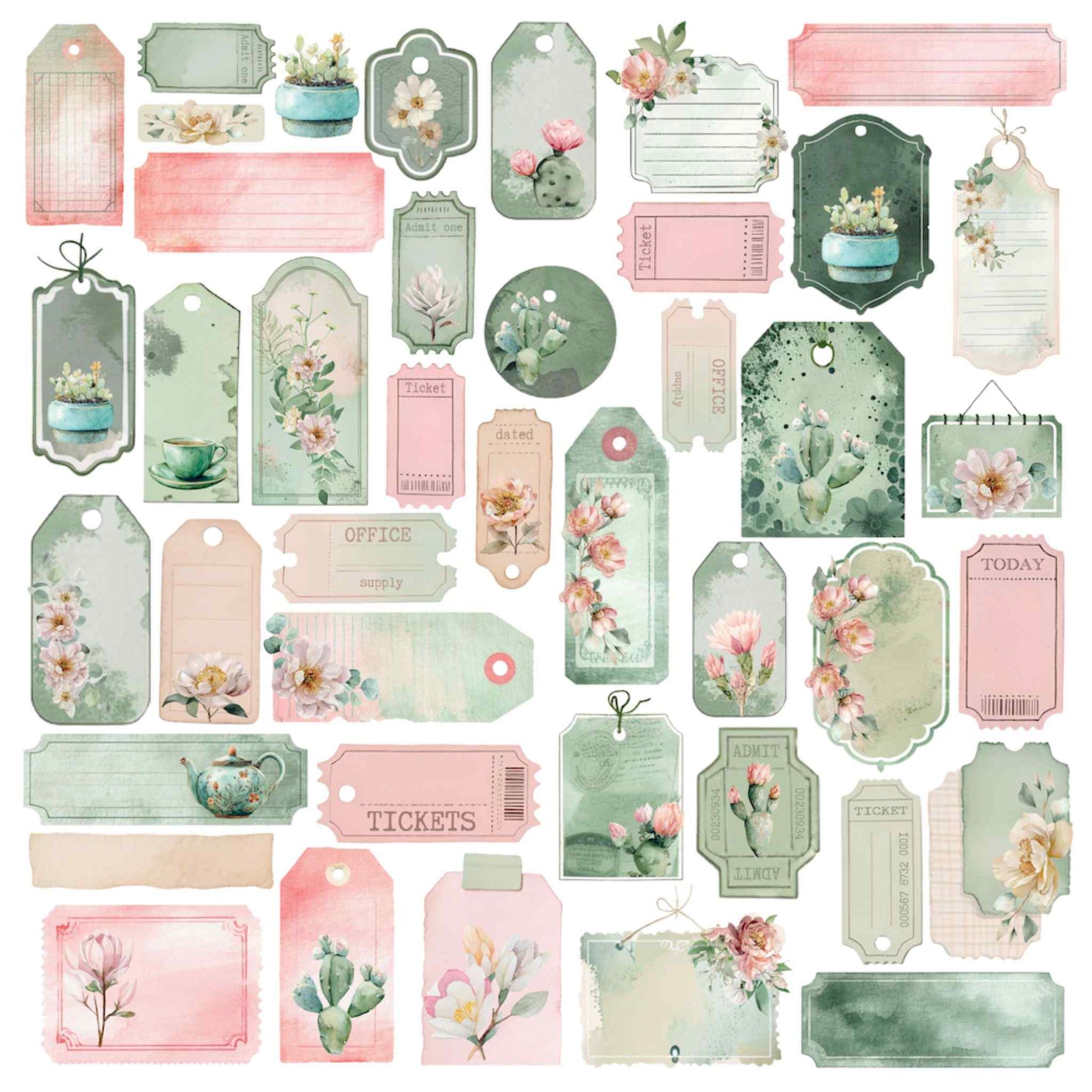 Tea and Tranquility Garden Sanctuary 12x12 paper front by Uniquely Creative — cut-apart collage of luggage tags, ticket stubs, and botanical labels in sage and blush