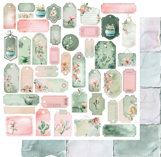 Uniquely Creative Tea and Tranquility Garden Sanctuary 12x12 double-sided paper showing cut-apart tags and tickets front with watercolour torn-edge grid reverse