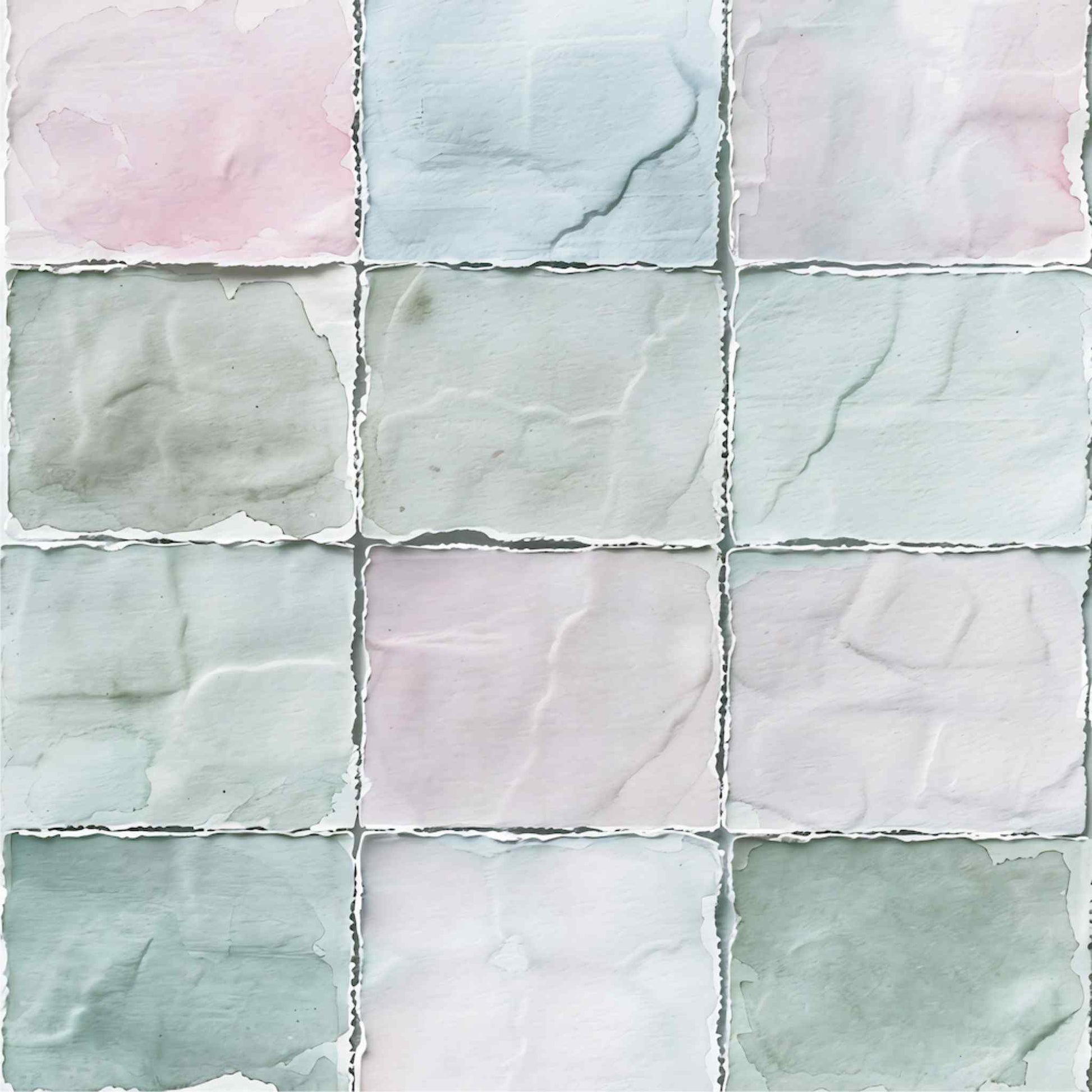 Tea and Tranquility Garden Sanctuary 12x12 paper reverse side — watercolour torn-edge grid in blush, sage, dusty blue, and soft white