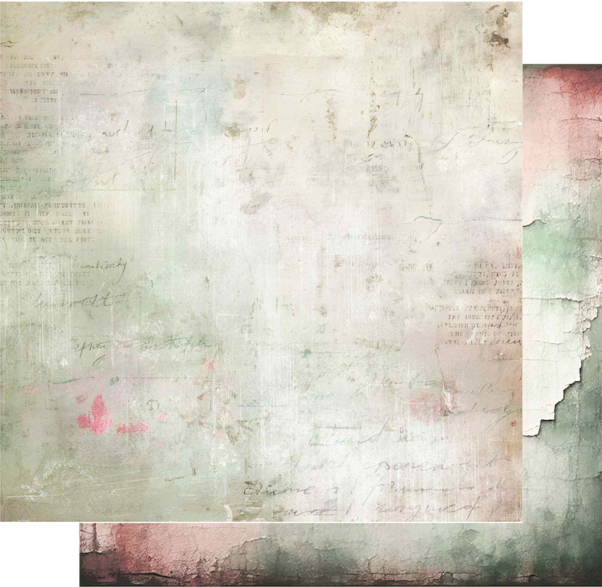 Uniquely Creative Tea and Tranquility Gentle Days 12x12 double-sided paper showing distressed script front and crackled plaster reverse in blush and sage