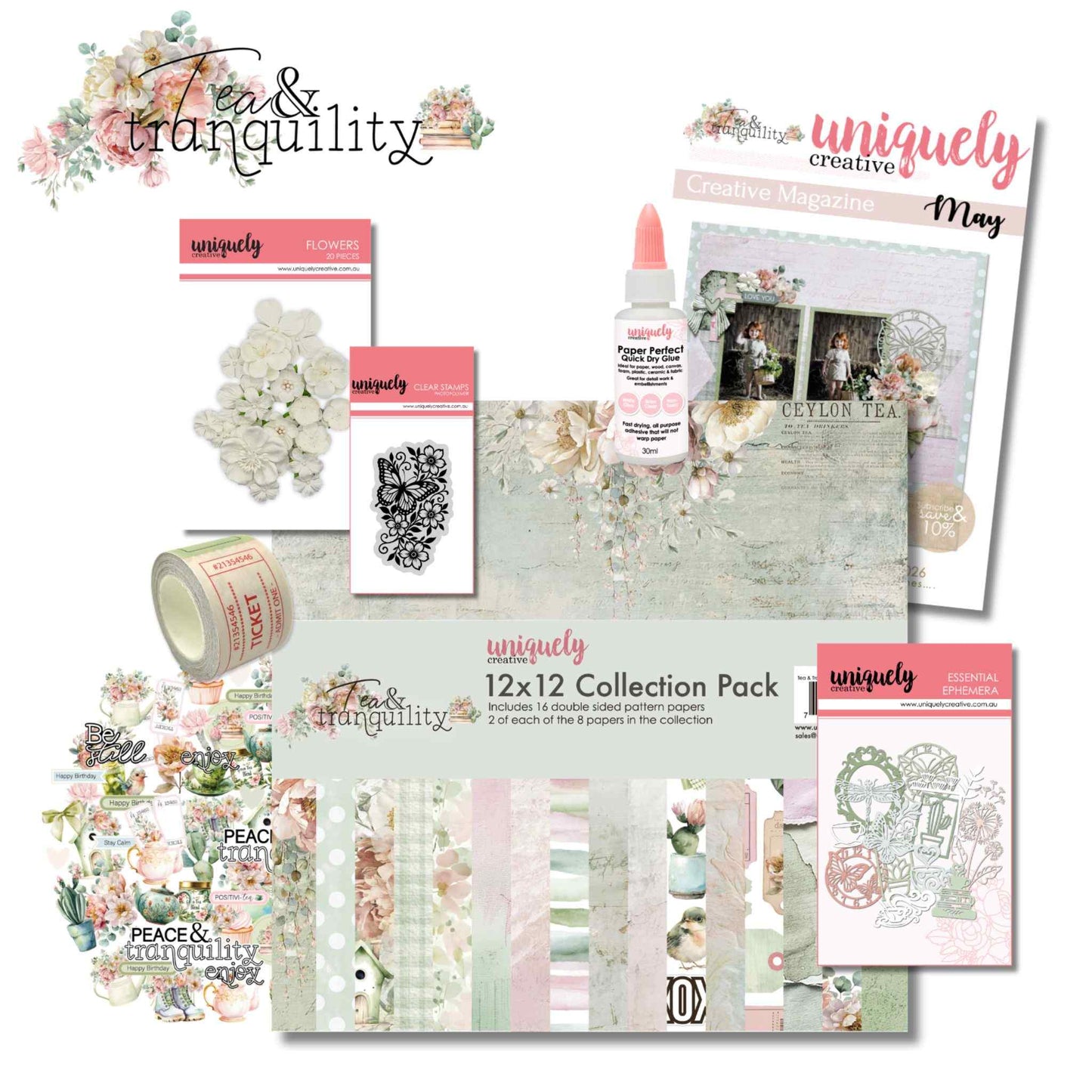 Tea and Tranquility May Creative Kit contents — 12x12 Collection Pack, Creative Cuts, Bloom and Brew Ephemera, Wings and Wildflowers stamp, Vintage Tickets washi tape, Paper Perfect glue, white flowers, and Creative Magazine