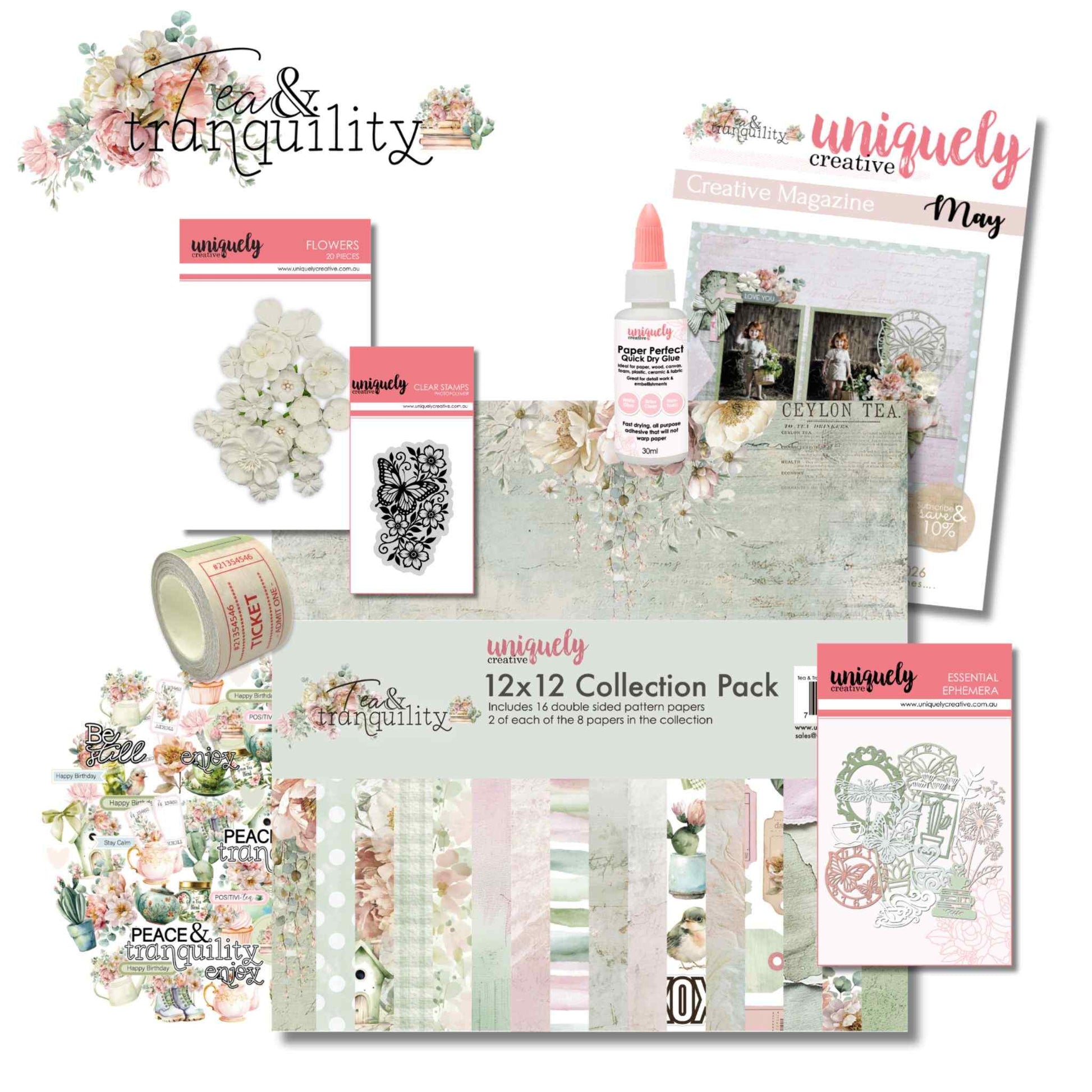 Tea and Tranquility May Creative Kit contents — 12x12 Collection Pack, Creative Cuts, Bloom and Brew Ephemera, Wings and Wildflowers stamp, Vintage Tickets washi tape, Paper Perfect glue, white flowers, and Creative Magazine
