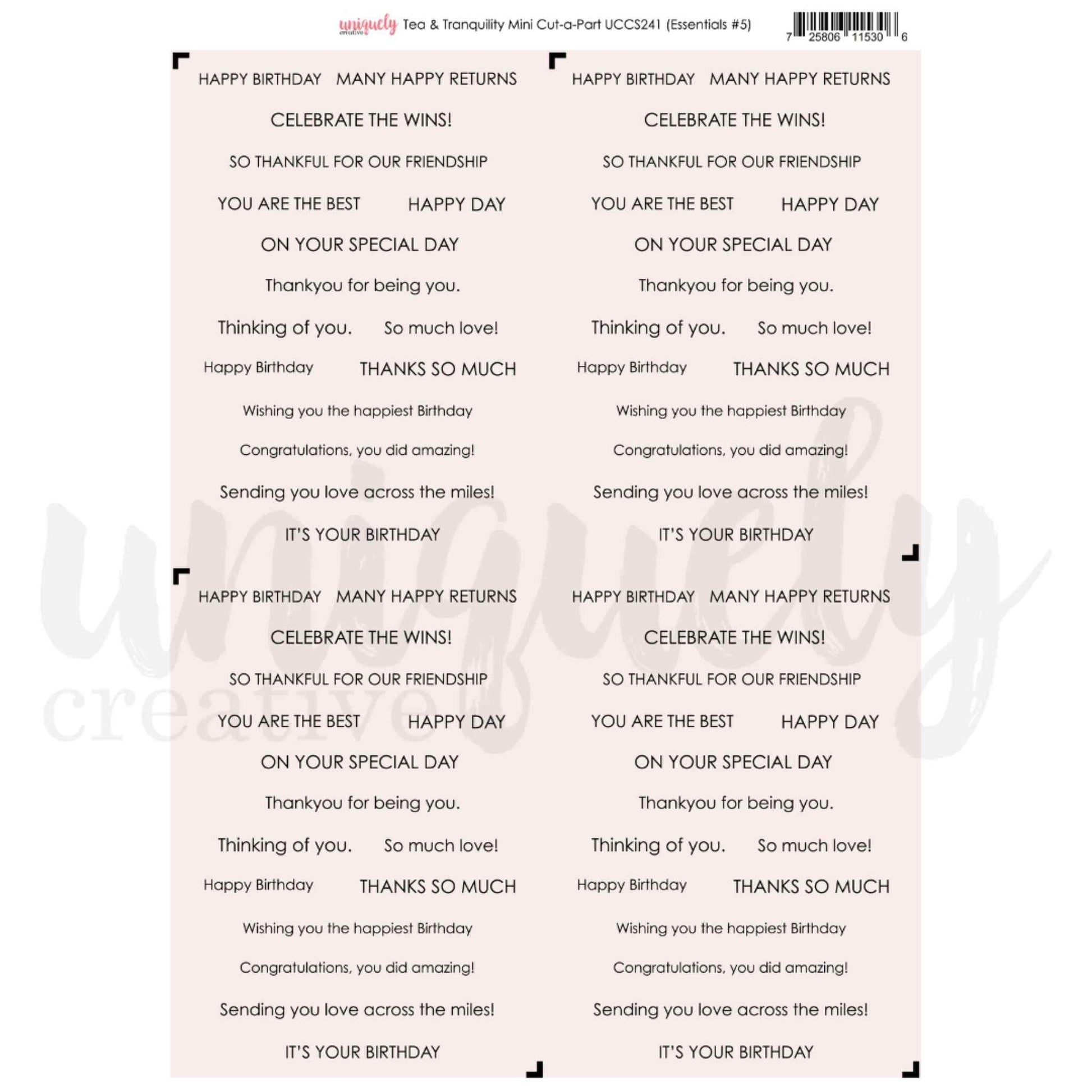 Tea and Tranquility Mini Cut-A-Part Sheet by Uniquely Creative — A4 sheet printed 4-up with 15 birthday and celebration sentiments in black on blush, including Happy Birthday, Celebrate the Wins, Thinking of You, and Sending You Love Across the Miles
