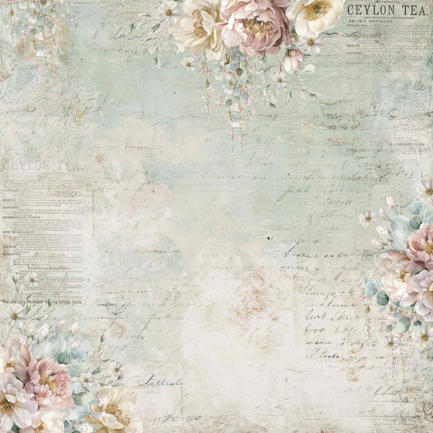 Tea and Tranquility Moments of Stillness 12x12 paper front by Uniquely Creative — distressed vintage Ceylon Tea ephemera background with blush peony and wisteria floral clusters in sage and dusty teal
