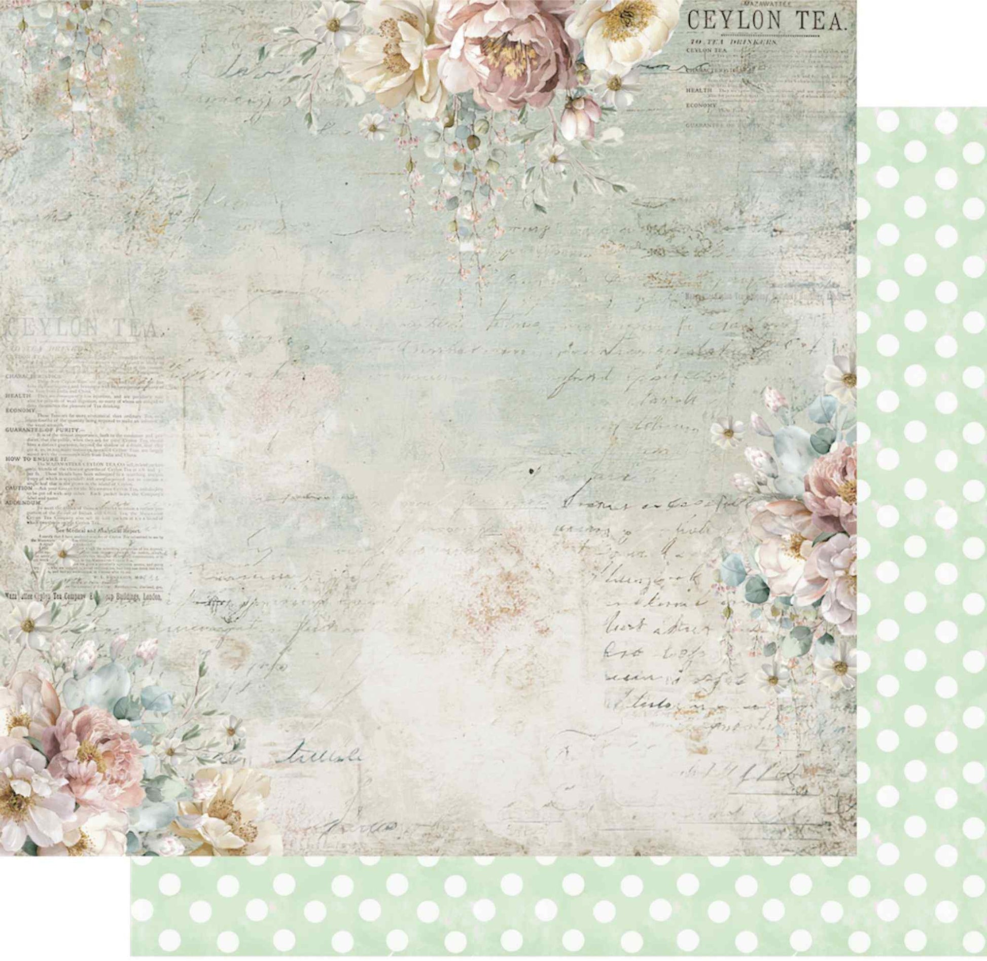 Uniquely Creative Tea and Tranquility Moments of Stillness 12x12 double-sided paper showing vintage Ceylon Tea floral front and soft sage polka dot reverse