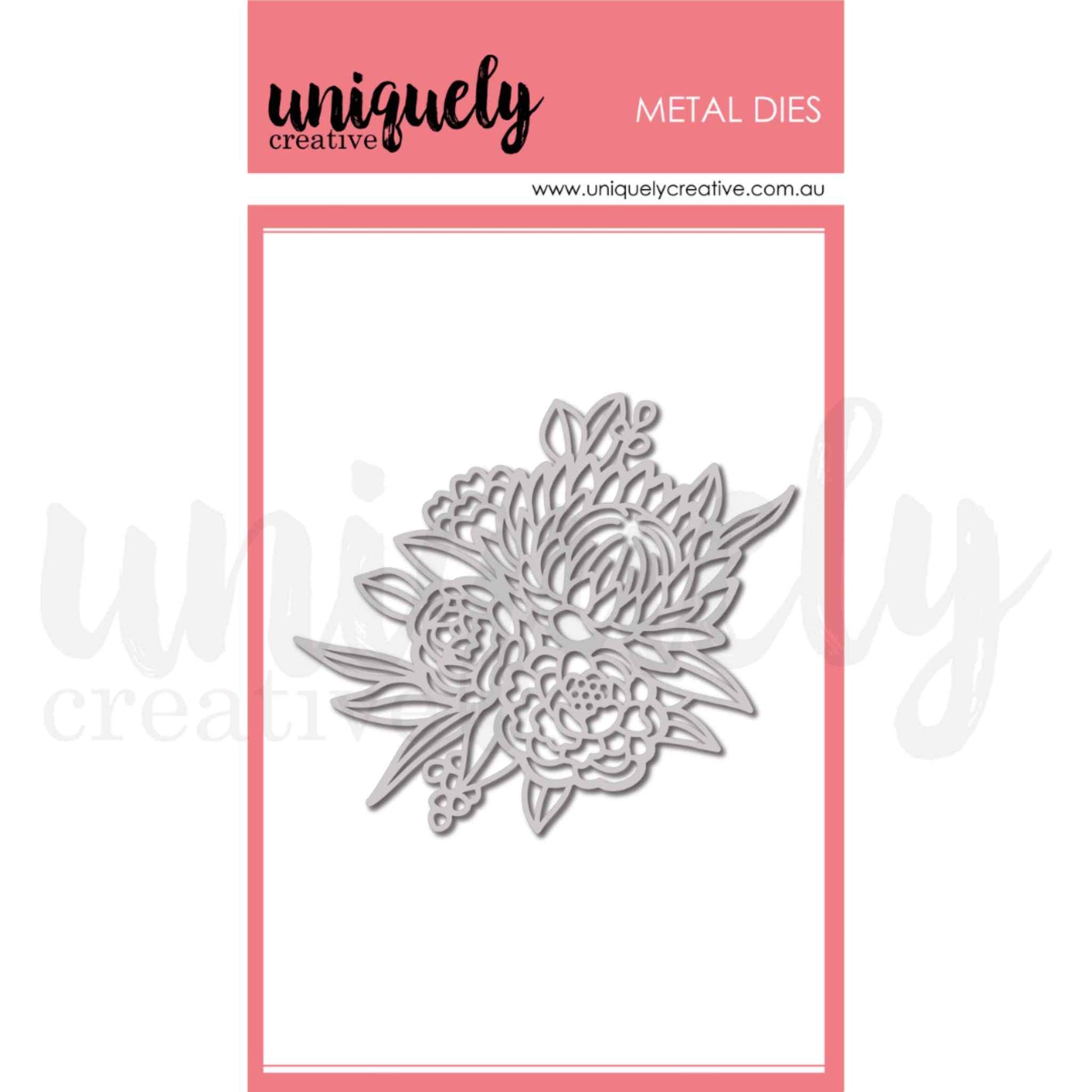 Protea Posy metal die by Uniquely Creative — intricate steel cutting die featuring protea blooms, peonies, and layered leaves, approximately 3 by 4 inches