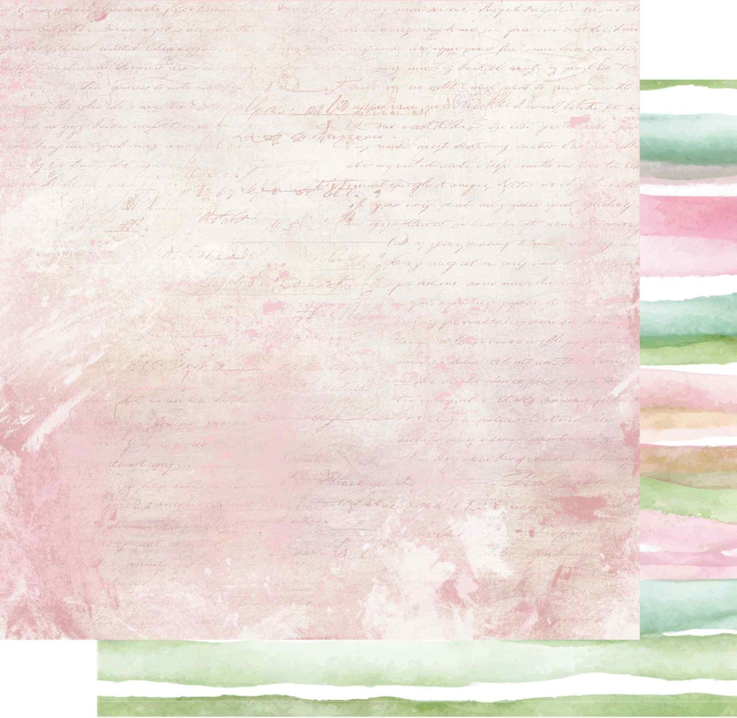 Uniquely Creative Tea and Tranquility Quiet Daydreams 12x12 double-sided paper showing distressed blush script front and watercolour stripe reverse in sage, pink, and mint