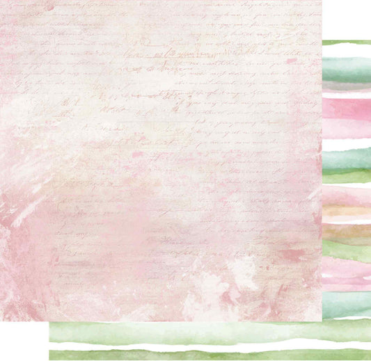 Uniquely Creative Tea and Tranquility Quiet Daydreams 12x12 double-sided paper showing distressed blush script front and watercolour stripe reverse in sage, pink, and mint