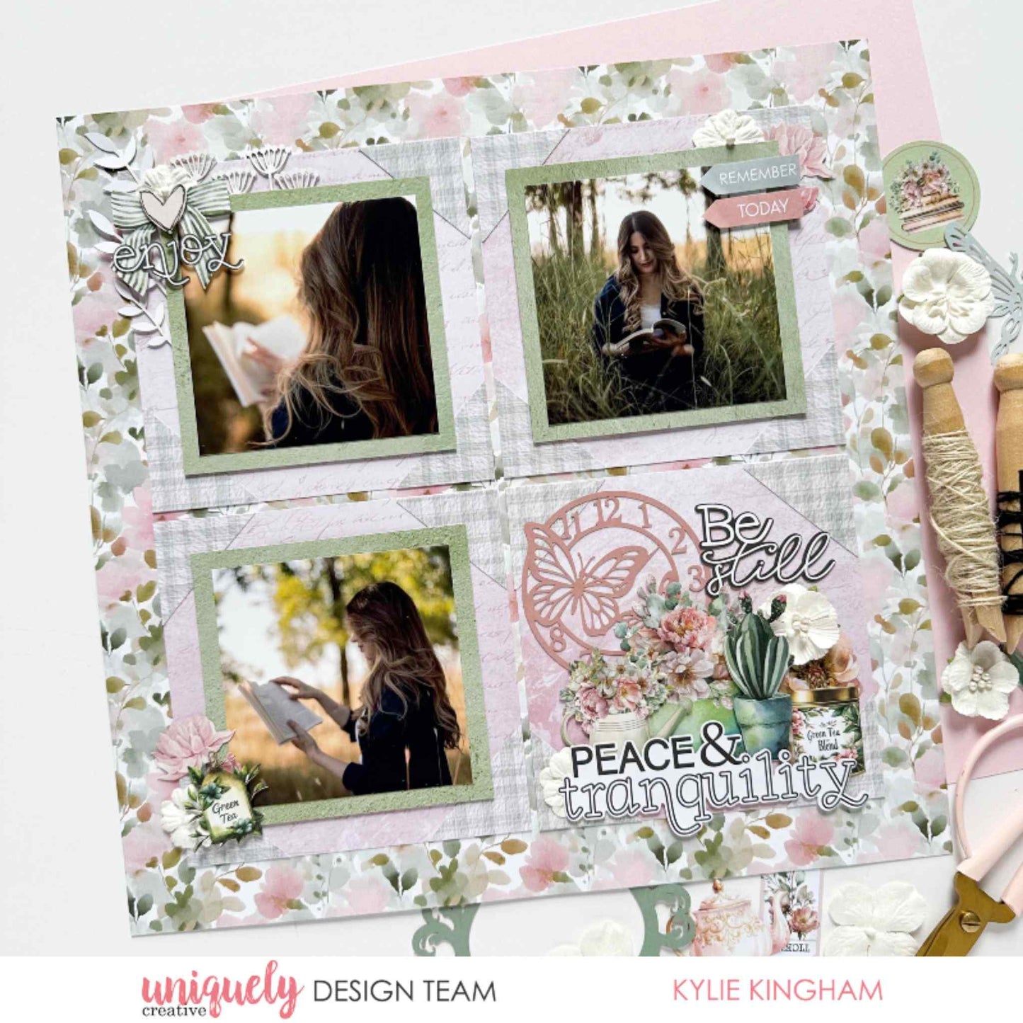 Tea and Tranquility scrapbook layout by Uniquely Creative design team — "Peace & Tranquility" themed page featuring soft floral papers, botanical die-cuts, and a butterfly clock embellishment in blush and sage 
