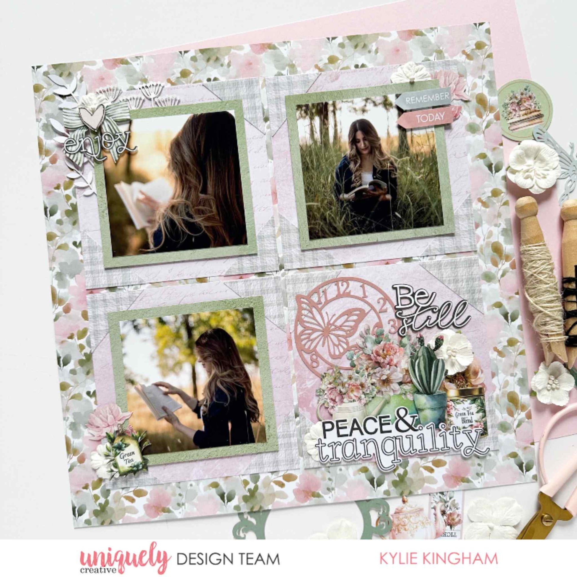 Tea and Tranquility scrapbook layout by Uniquely Creative design team — "Peace & Tranquility" themed page featuring soft floral papers, botanical die-cuts, and a butterfly clock embellishment in blush and sage 