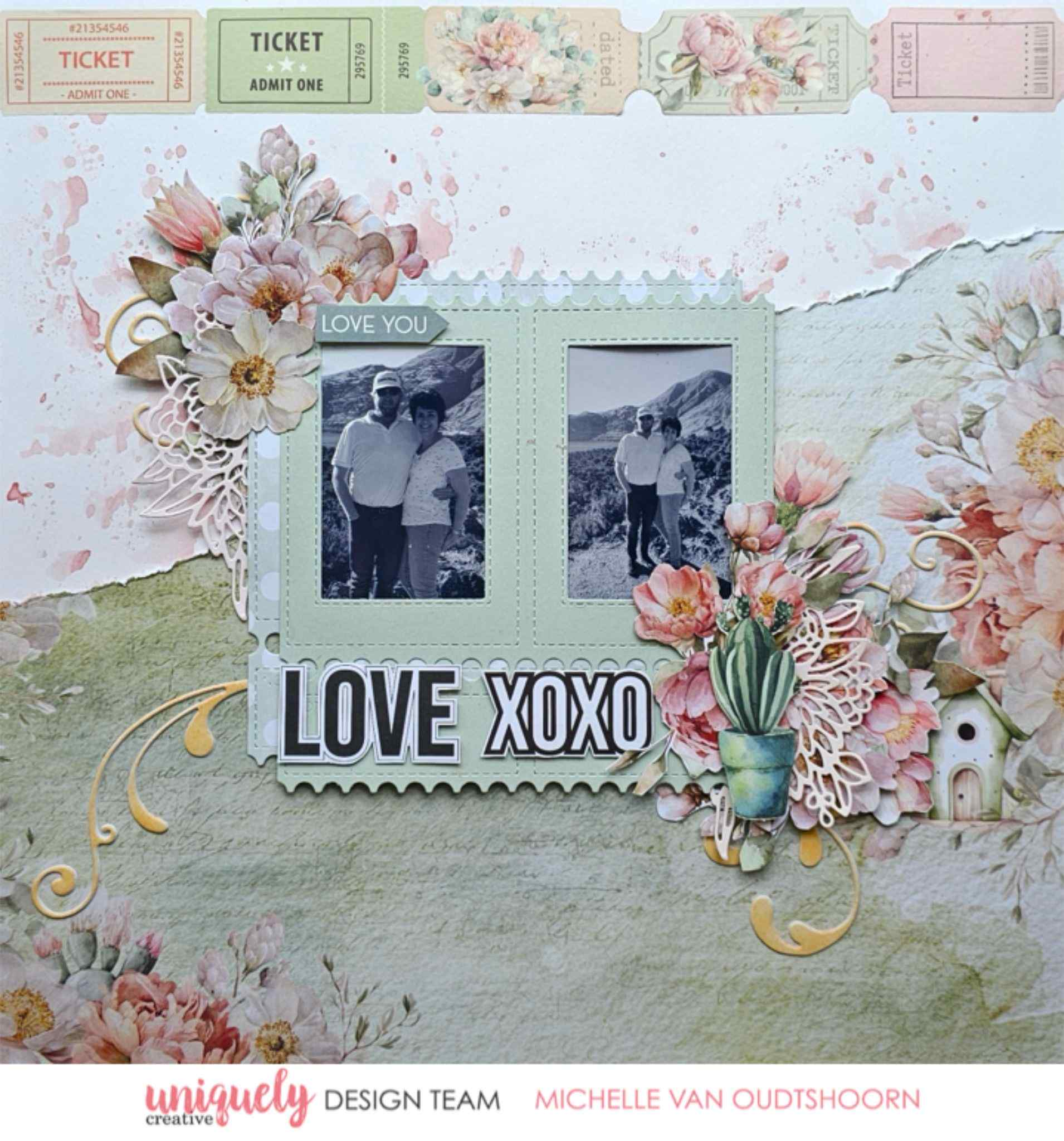 Tea and Tranquility scrapbook layout by Uniquely Creative design team — romantic "Love XOXO" memory page featuring postage stamp die-cuts, lush pink floral clusters, gold swirl embellishments, and botanical elements in blush, sage, and gold 
