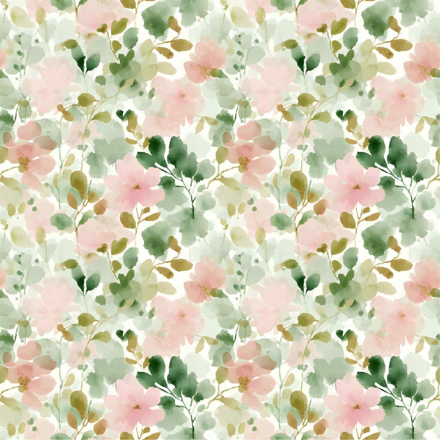 Tea and Tranquility Steeped in Blooms 12x12 paper front by Uniquely Creative — all-over watercolour floral in blush pink blooms with sage, olive, and forest green botanical leaves on soft white