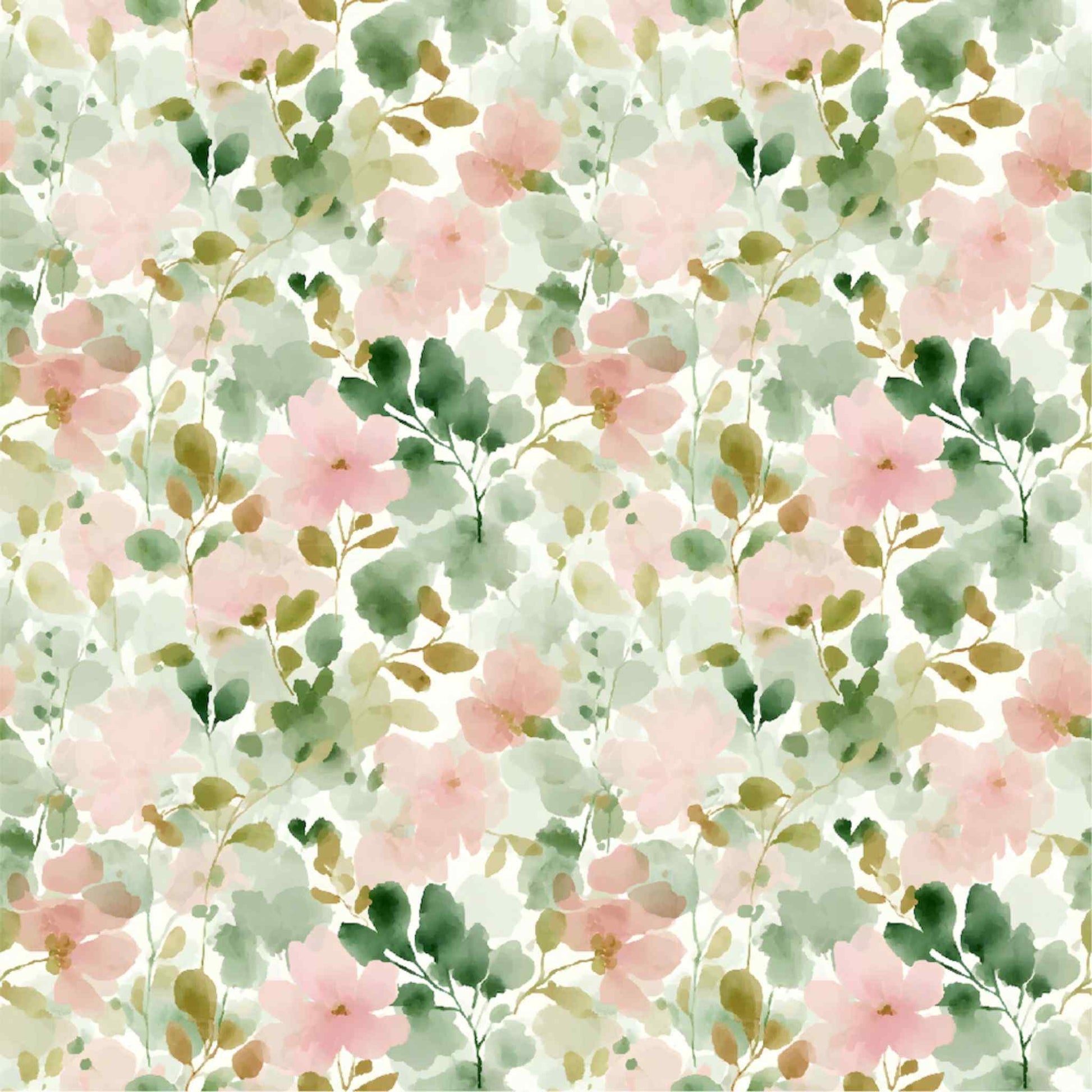 Tea and Tranquility Steeped in Blooms 12x12 paper front by Uniquely Creative — all-over watercolour floral in blush pink blooms with sage, olive, and forest green botanical leaves on soft white