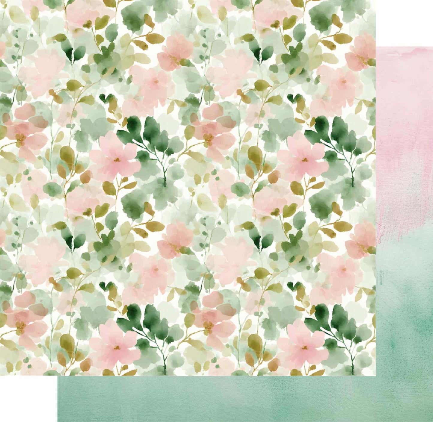 Uniquely Creative Tea and Tranquility Steeped in Blooms 12x12 double-sided paper showing watercolour floral front and soft blush-to-sage ombré reverse
